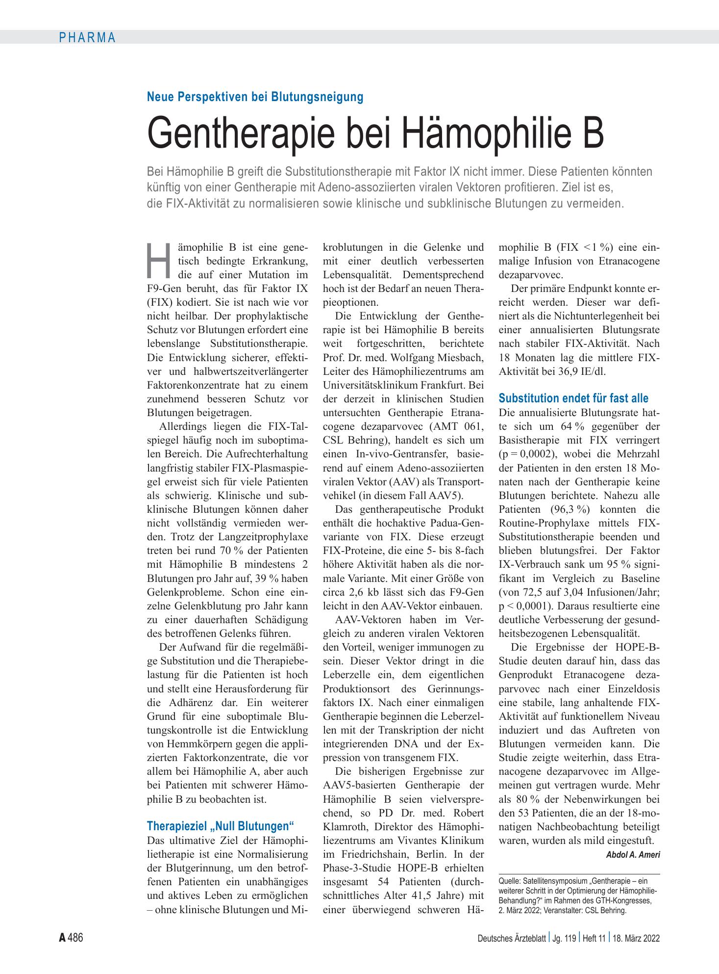 Vorschauseite 1: Neue Perspektiven bei Blutungsneigung: Gentherapie bei Hämophilie B – Deutsches Ärzteblatt