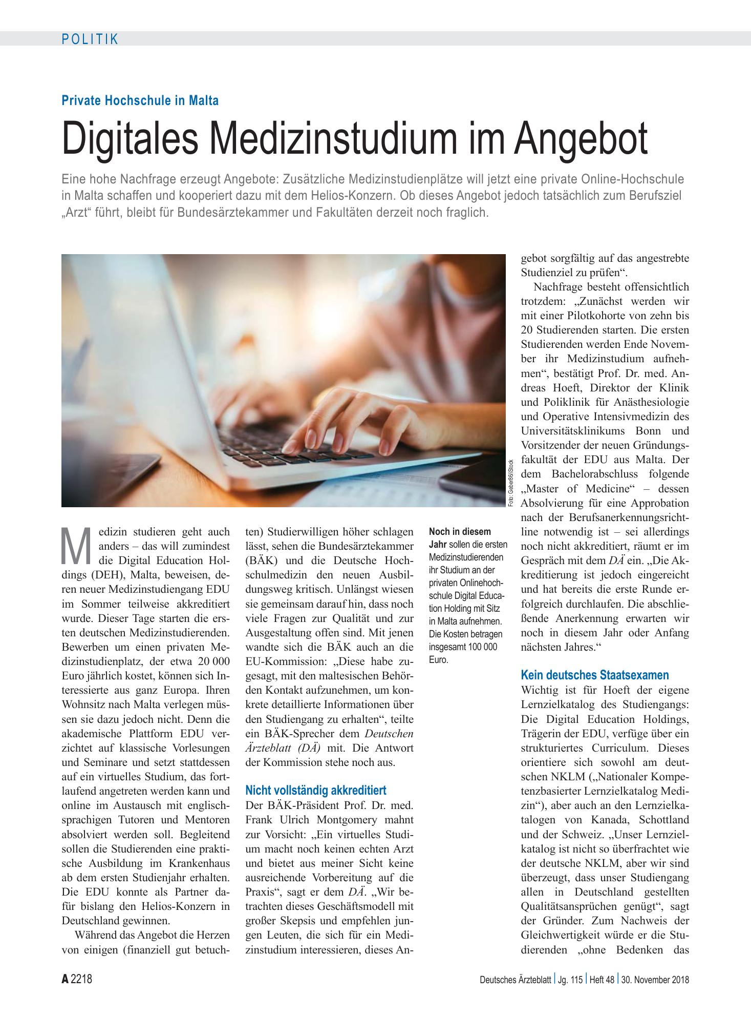 Vorschauseite 1: Private Hochschule in Malta: Digitales Medizinstudium im Angebot – Deutsches Ärzteblatt