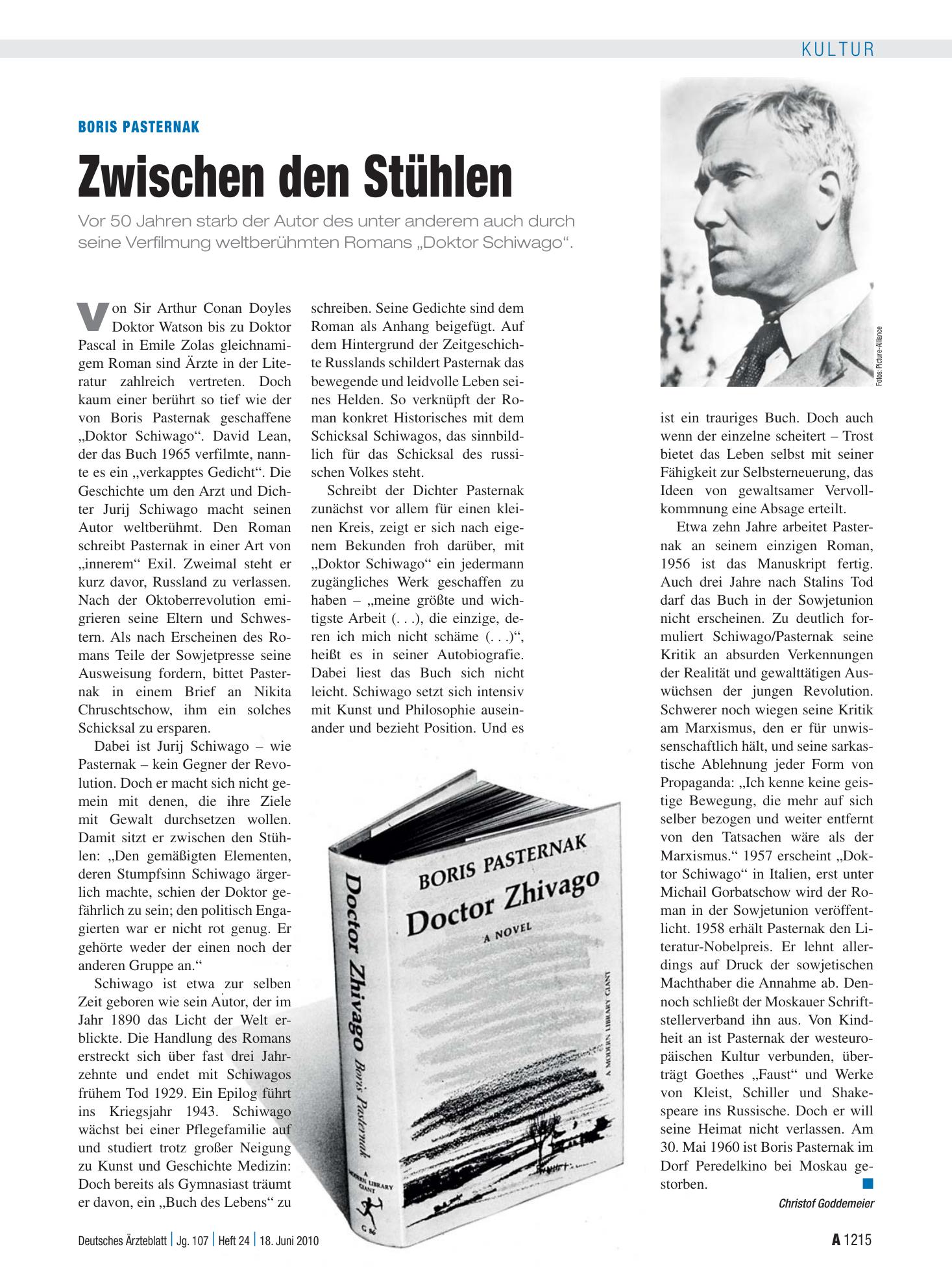 Vorschauseite 1: Boris Pasternak: Zwischen den Stühlen – Deutsches Ärzteblatt