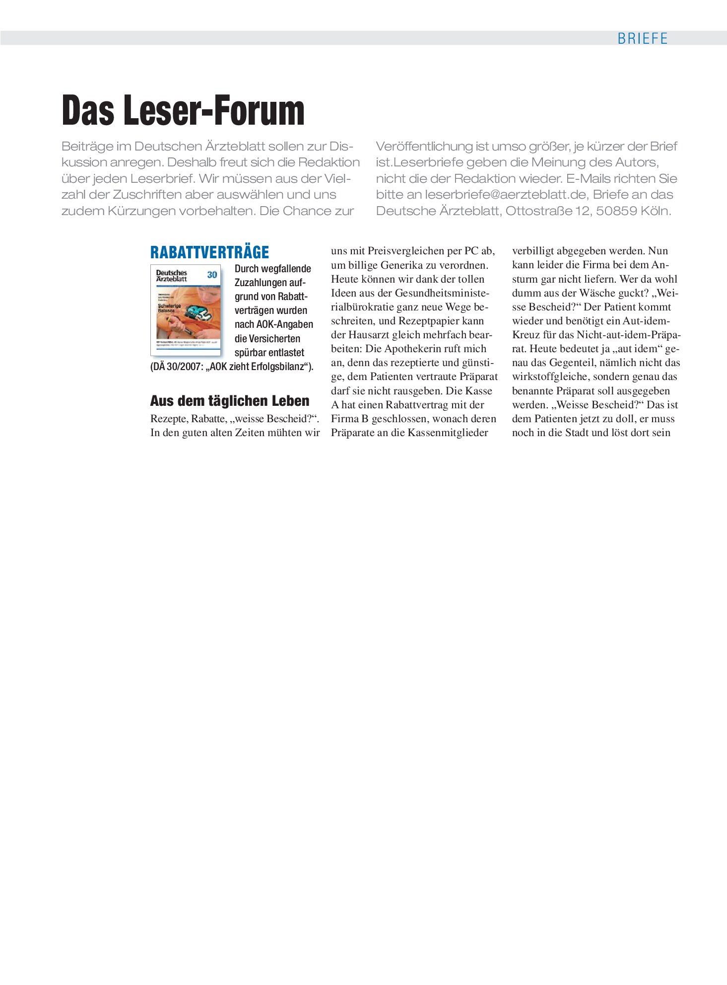 Vorschauseite 1: Rabattverträge: Aus dem täglichen Leben – Deutsches Ärzteblatt