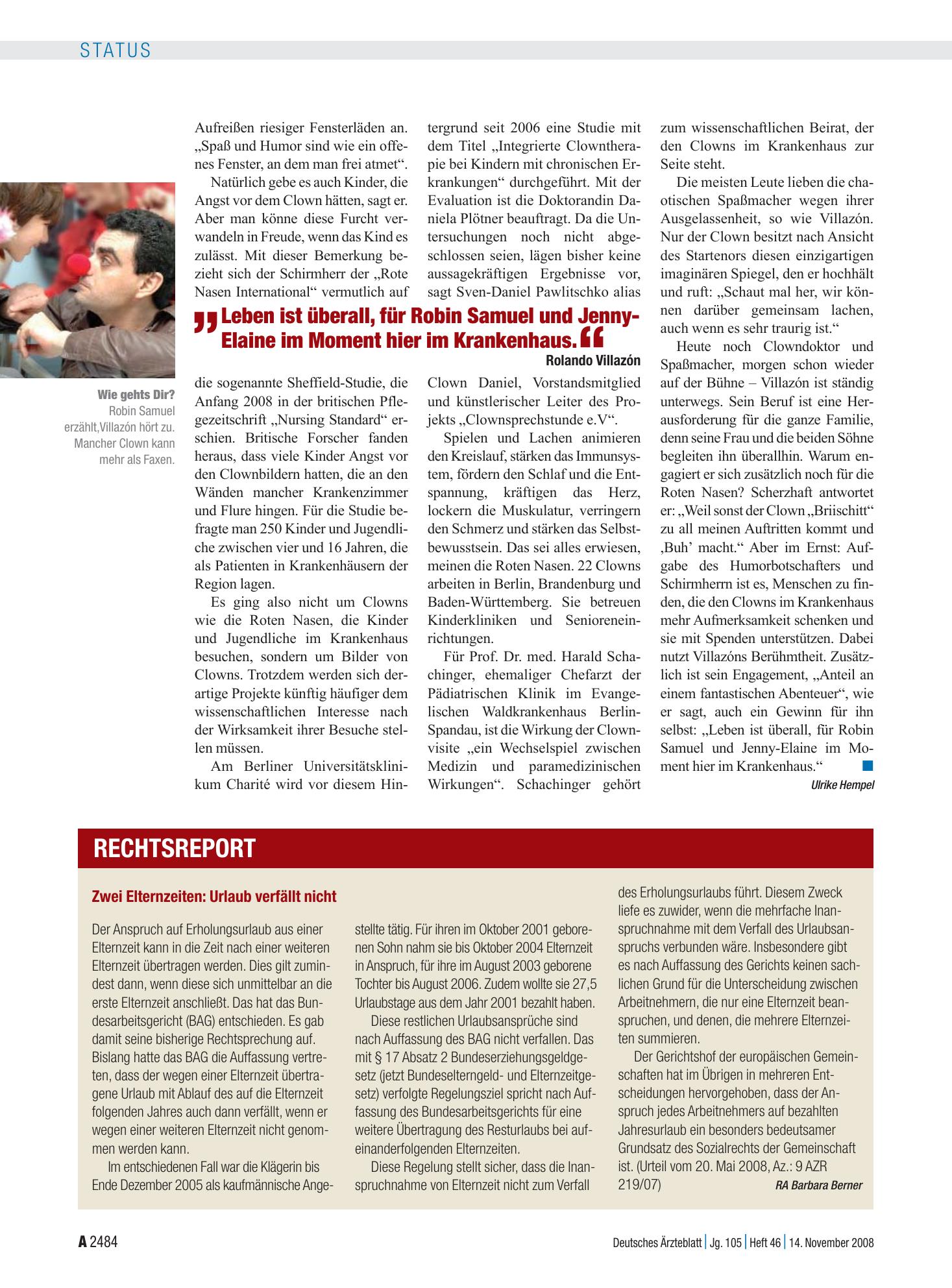 Vorschauseite 1: Zwei Elternzeiten: Urlaub verfällt nicht – Deutsches Ärzteblatt