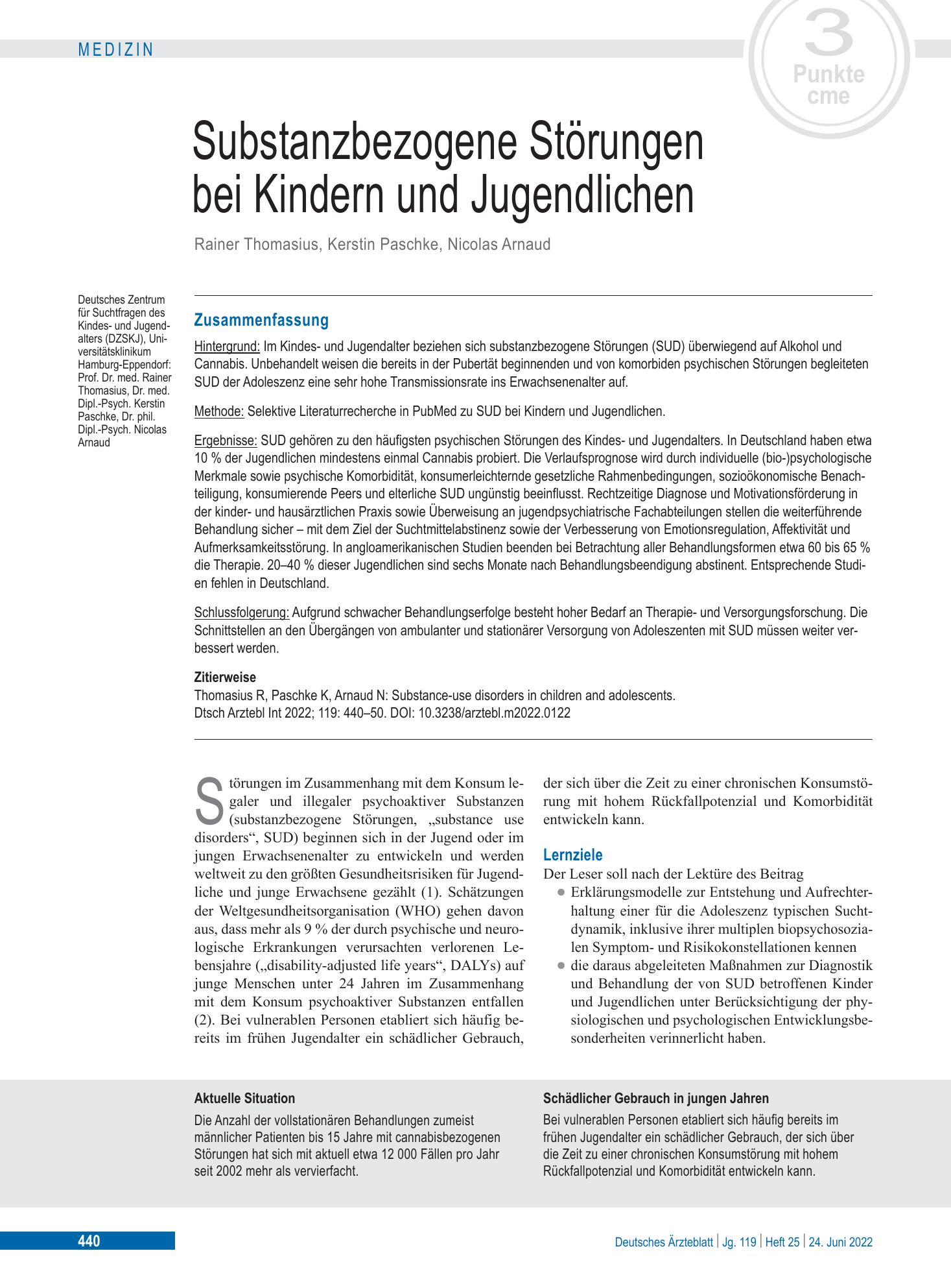 Vorschauseite 1: Substanzbezogene Störungen bei Kindern und Jugendlichen – Deutsches Ärzteblatt