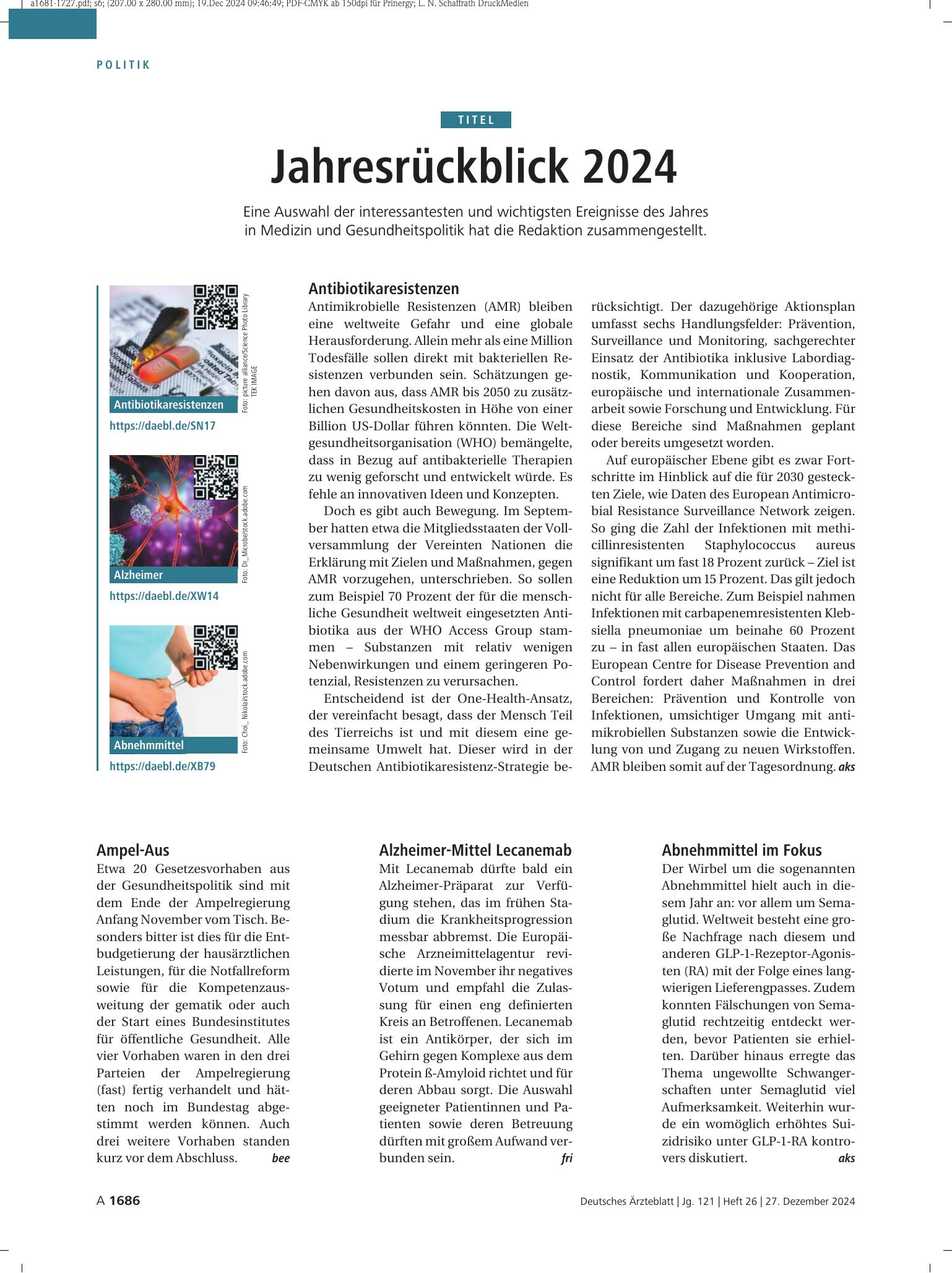 Vorschauseite 1: Jahresrückblick 2024 – Deutsches Ärzteblatt