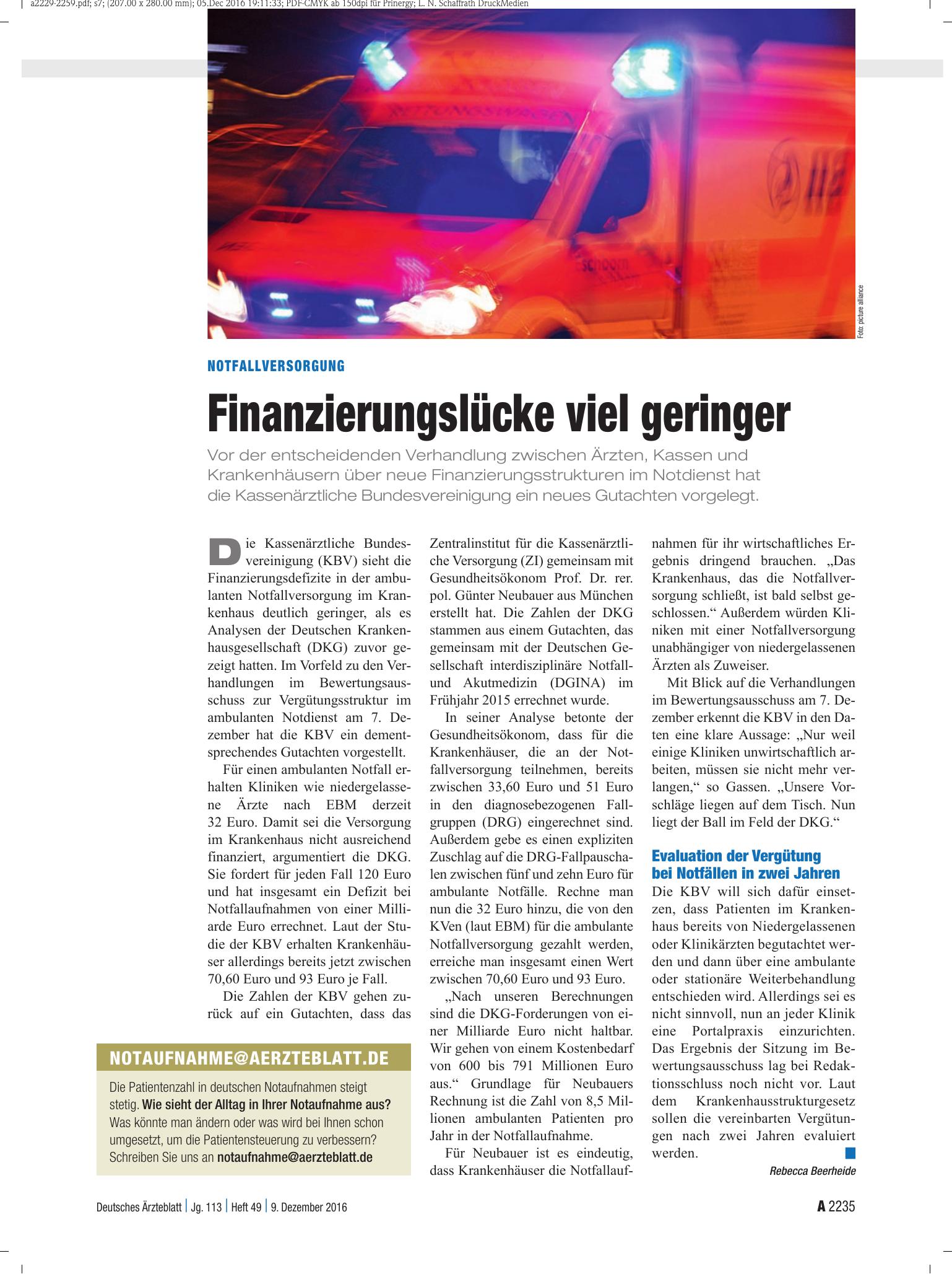Vorschauseite 1: Notfallversorgung: Finanzierungslücke viel geringer – Deutsches Ärzteblatt