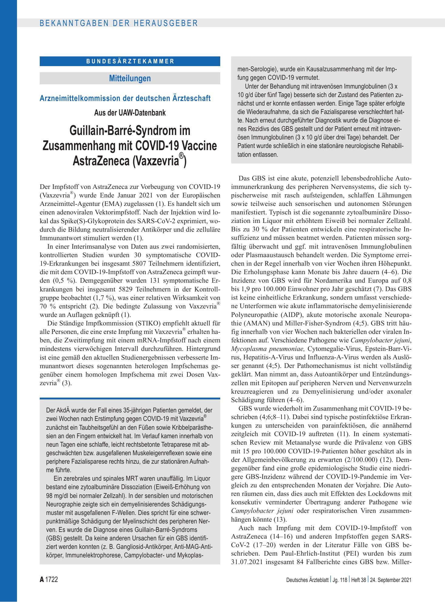 Vorschauseite 1: Arzneimittelkommission der deutschen Ärzteschaft: Aus der UAW-Datenbank Guillain-Barré-Syndrom im Zusammenhang mit COVID-19 Vaccine AstraZeneca (Vaxzevria ® ) – Deutsches Ärztebla…