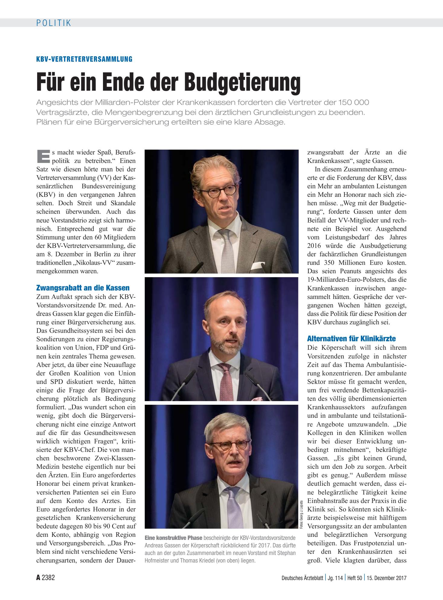 Vorschauseite 1: KBV-Vertreterversammlung: Für ein Ende der Budgetierung – Deutsches Ärzteblatt