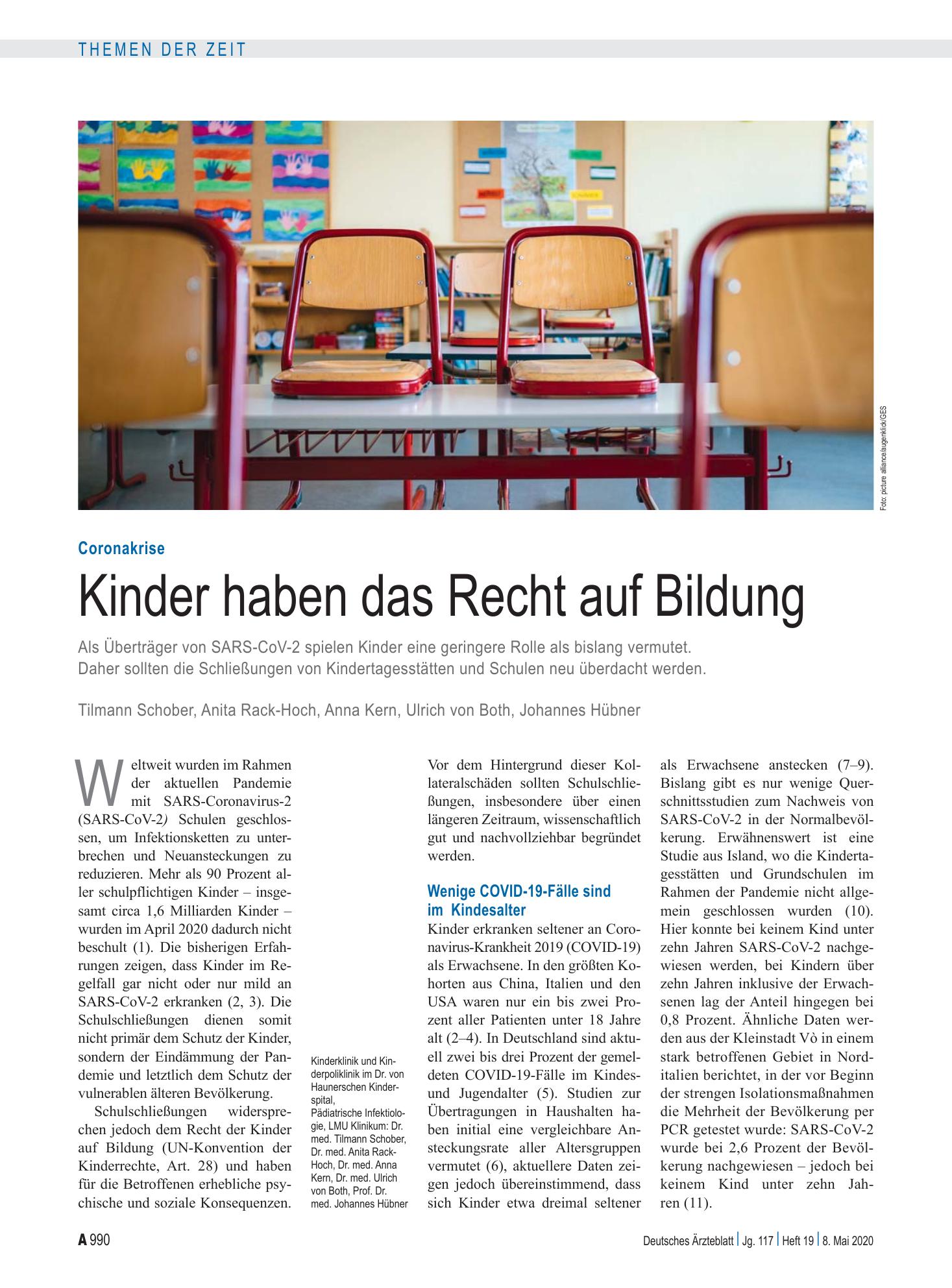 Vorschauseite 1: Coronakrise: Kinder haben das Recht auf Bildung – Deutsches Ärzteblatt