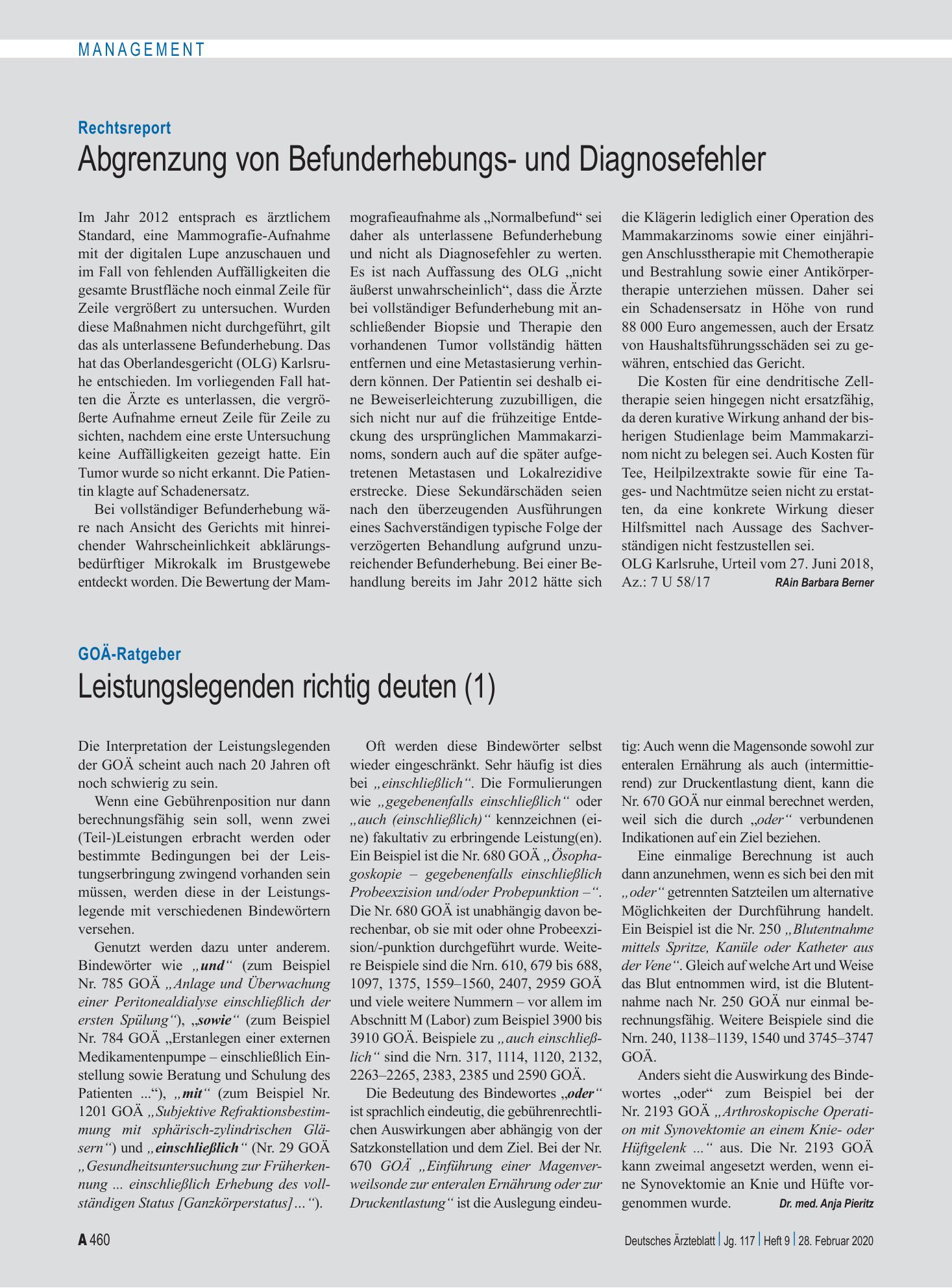 Vorschauseite 1: Rechtsreport: Abgrenzung von Befunderhebungs- und Diagnosefehler – Deutsches Ärzteblatt