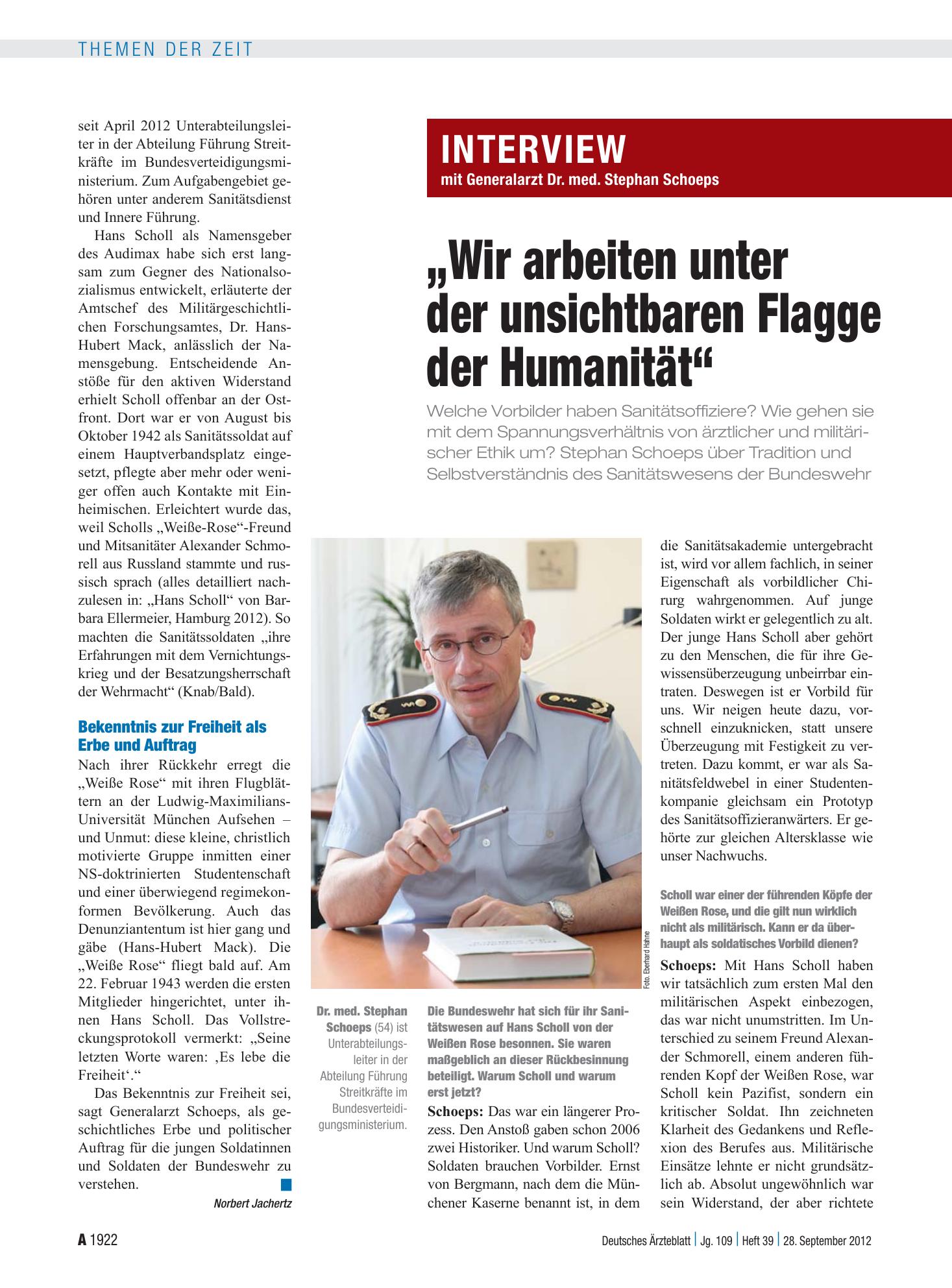 Vorschauseite 1: Interview mit Generalarzt Dr. med. Stephan Schoeps: „Wir arbeiten unter der unsichtbaren Flagge der Humanität“ – Deutsches Ärzteblatt
