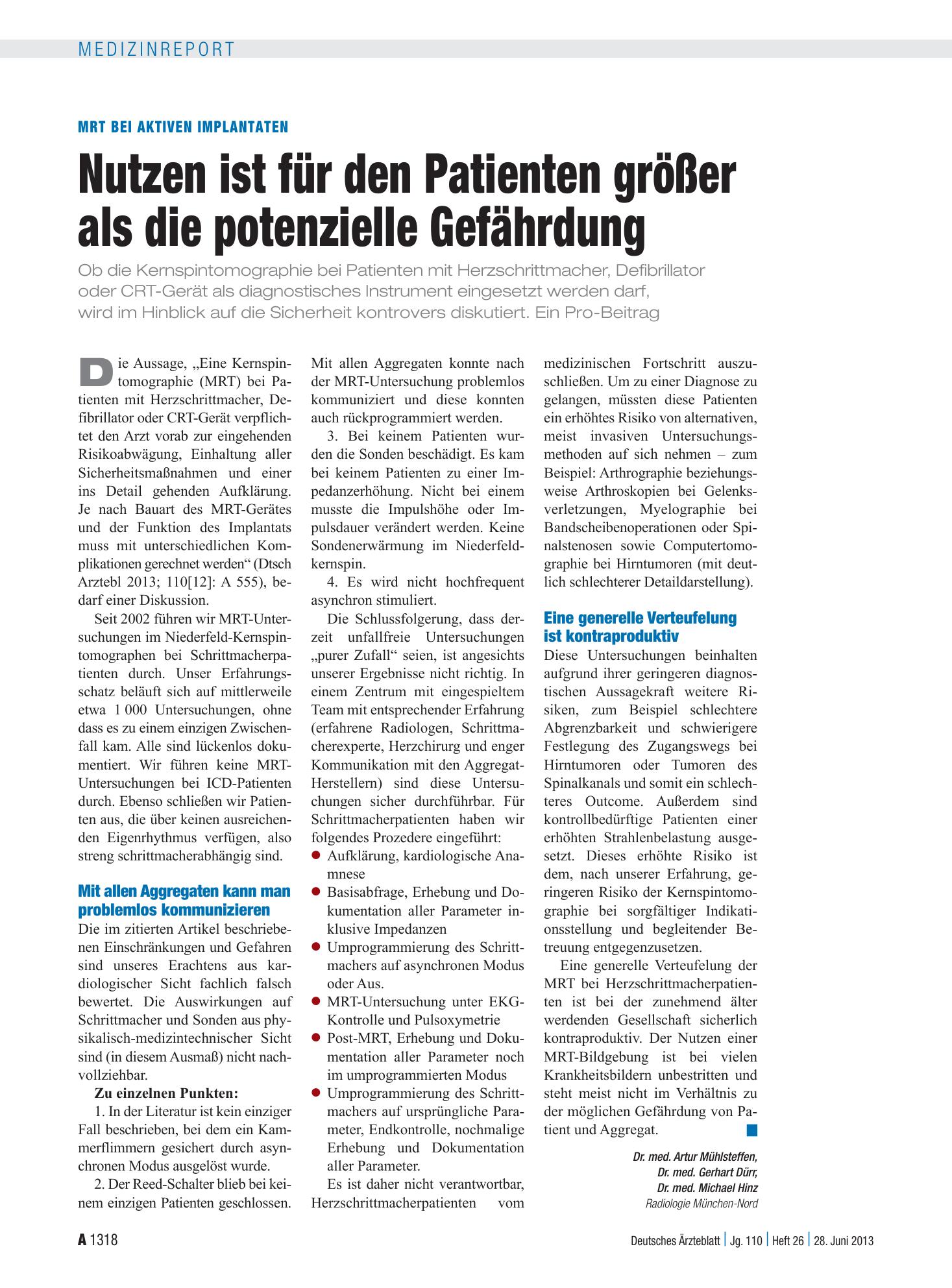 Vorschauseite 1: MRT bei aktiven Implantaten: Nutzen ist für den Patienten größer als die potenzielle Gefährdung – Deutsches Ärzteblatt