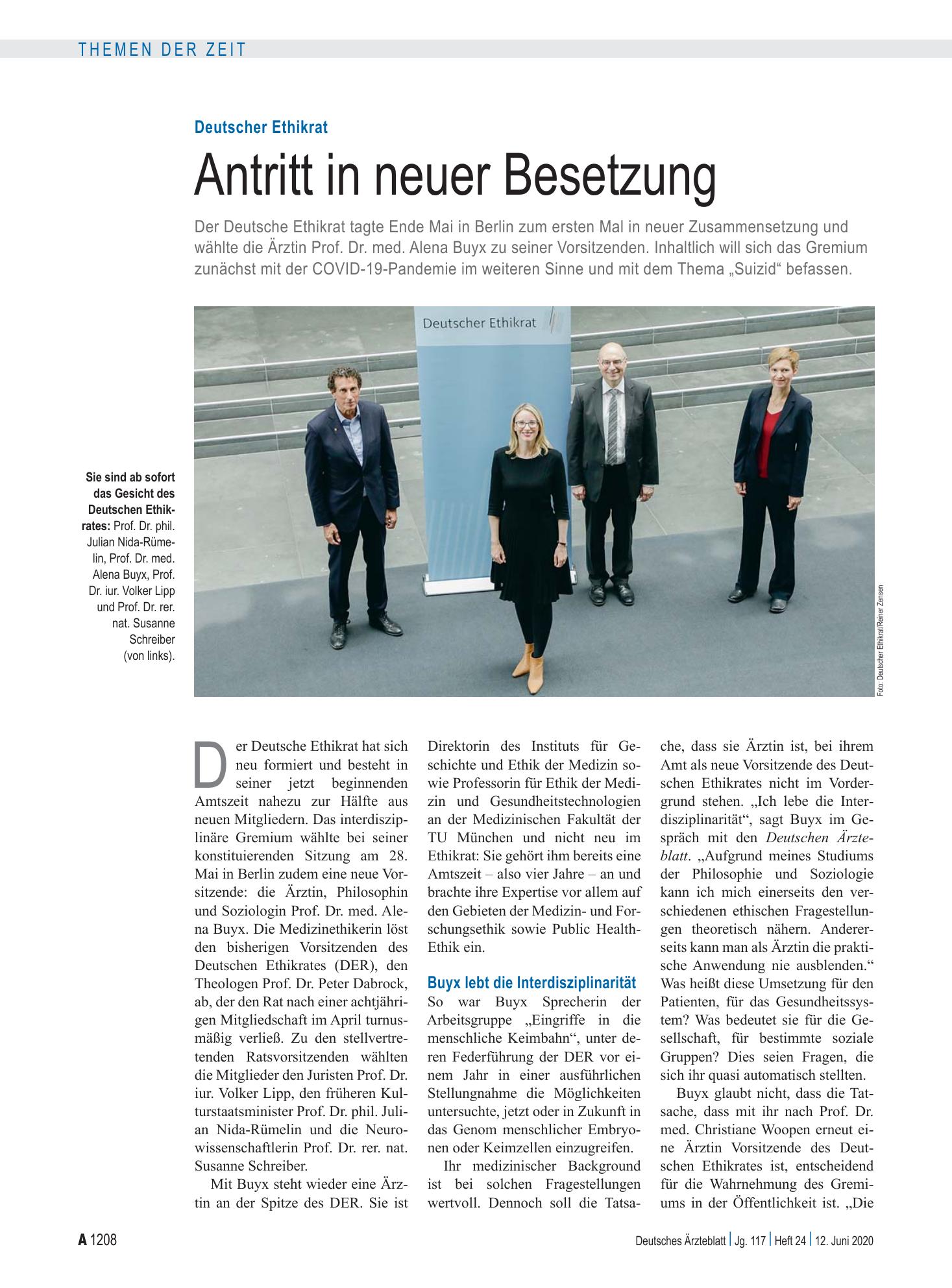 Vorschauseite 1: Deutscher Ethikrat: Antritt in neuer Besetzung – Deutsches Ärzteblatt