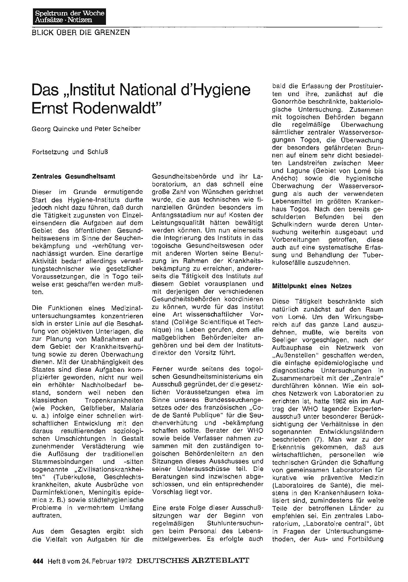 Vorschauseite 1: Das „Institut National d'Hygiene Ernst Rodenwaldt": Fortsetzung und Schluß