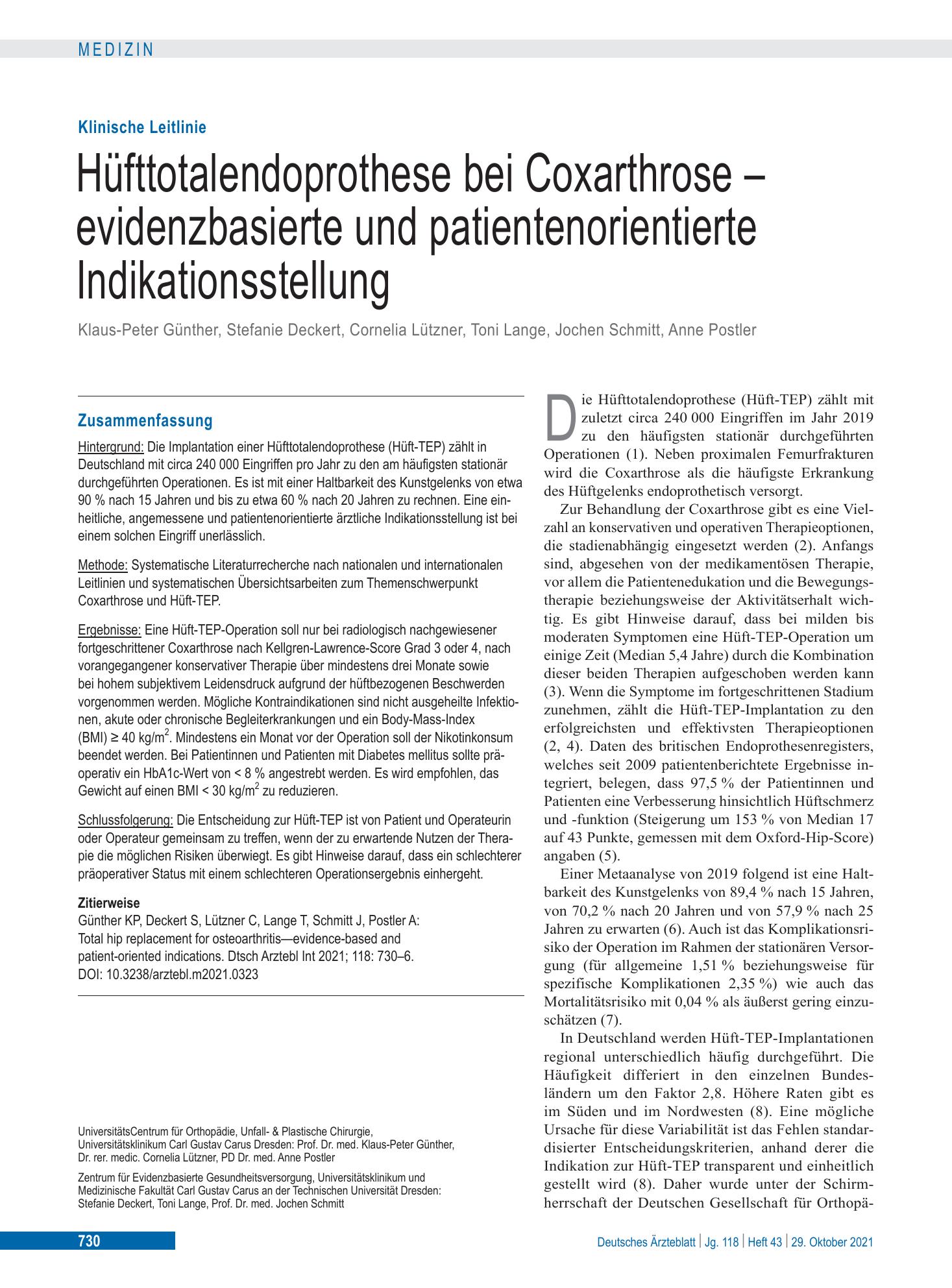 Vorschauseite 1: Hüfttotalendoprothese bei Coxarthrose – evidenzbasierte und patientenorientierte Indikationsstellung – Deutsches Ärzteblatt
