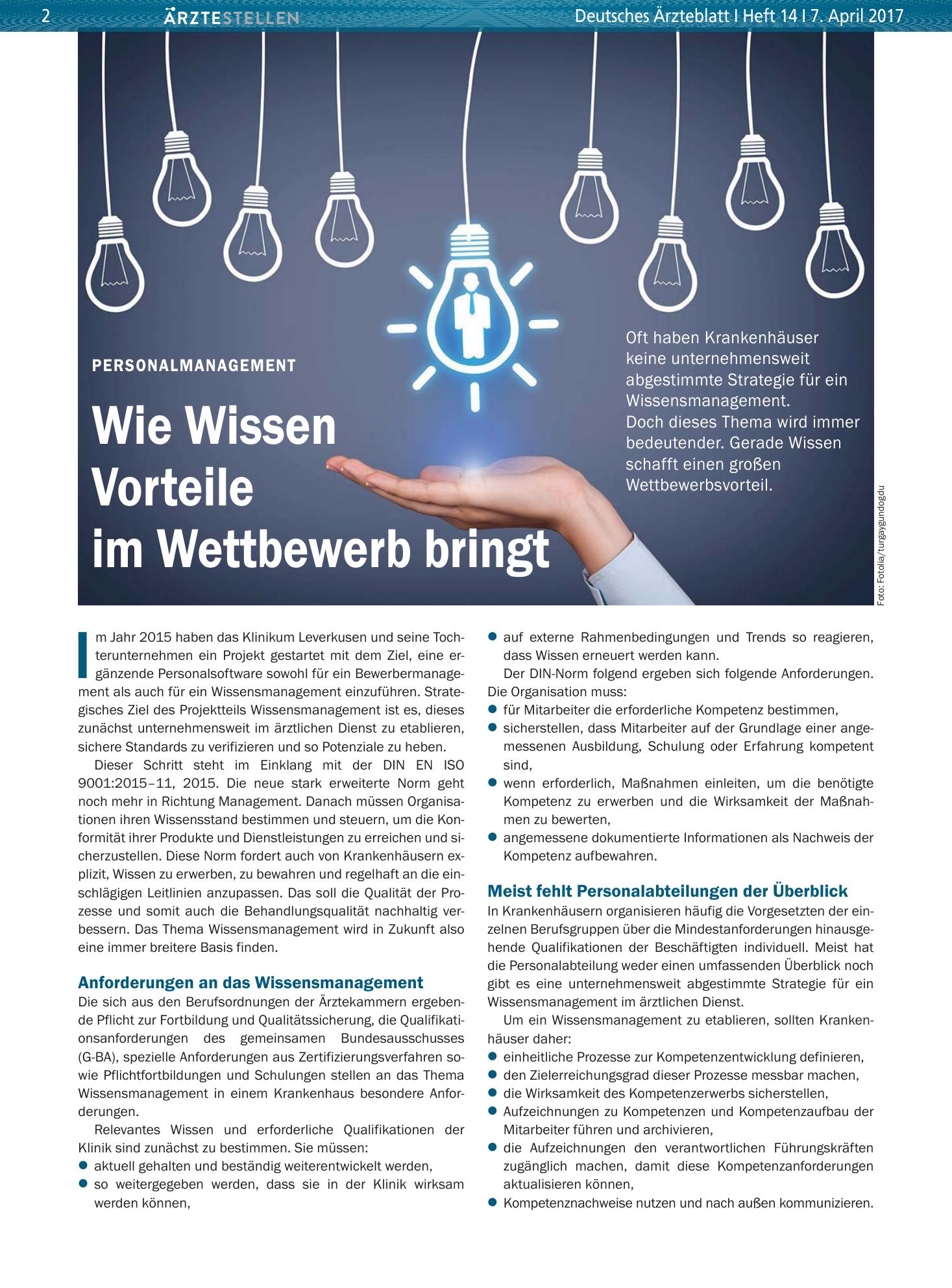 Vorschauseite 1: Personalmanagement: Wie Wissen Vorteile im Wettbewerb bringt – Deutsches Ärzteblatt
