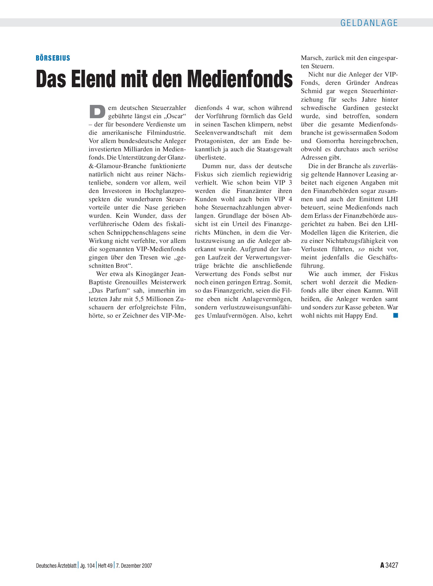 Vorschauseite 1: Das Elend mit den Medienfonds – Deutsches Ärzteblatt