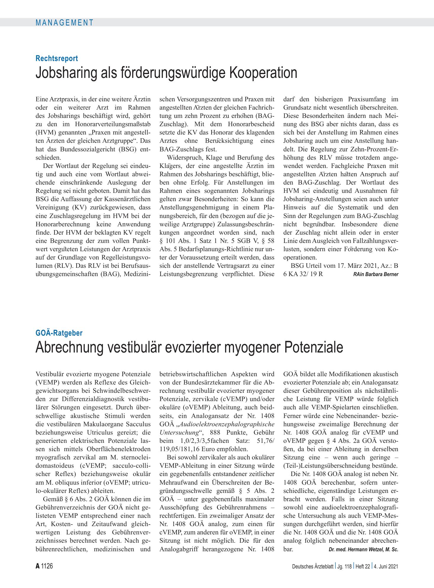 Vorschauseite 1: Rechtsreport: Jobsharing als förderungswürdige Kooperation – Deutsches Ärzteblatt