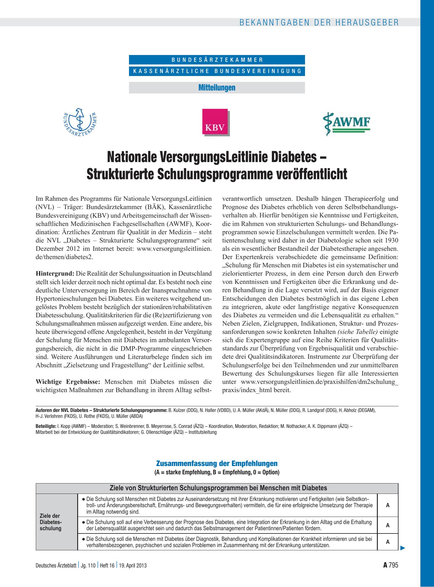 Vorschauseite 1: Nationale VersorgungsLeitlinie Diabetes – Strukturierte Schulungsprogramme veröffentlicht – Deutsches Ärzteblatt