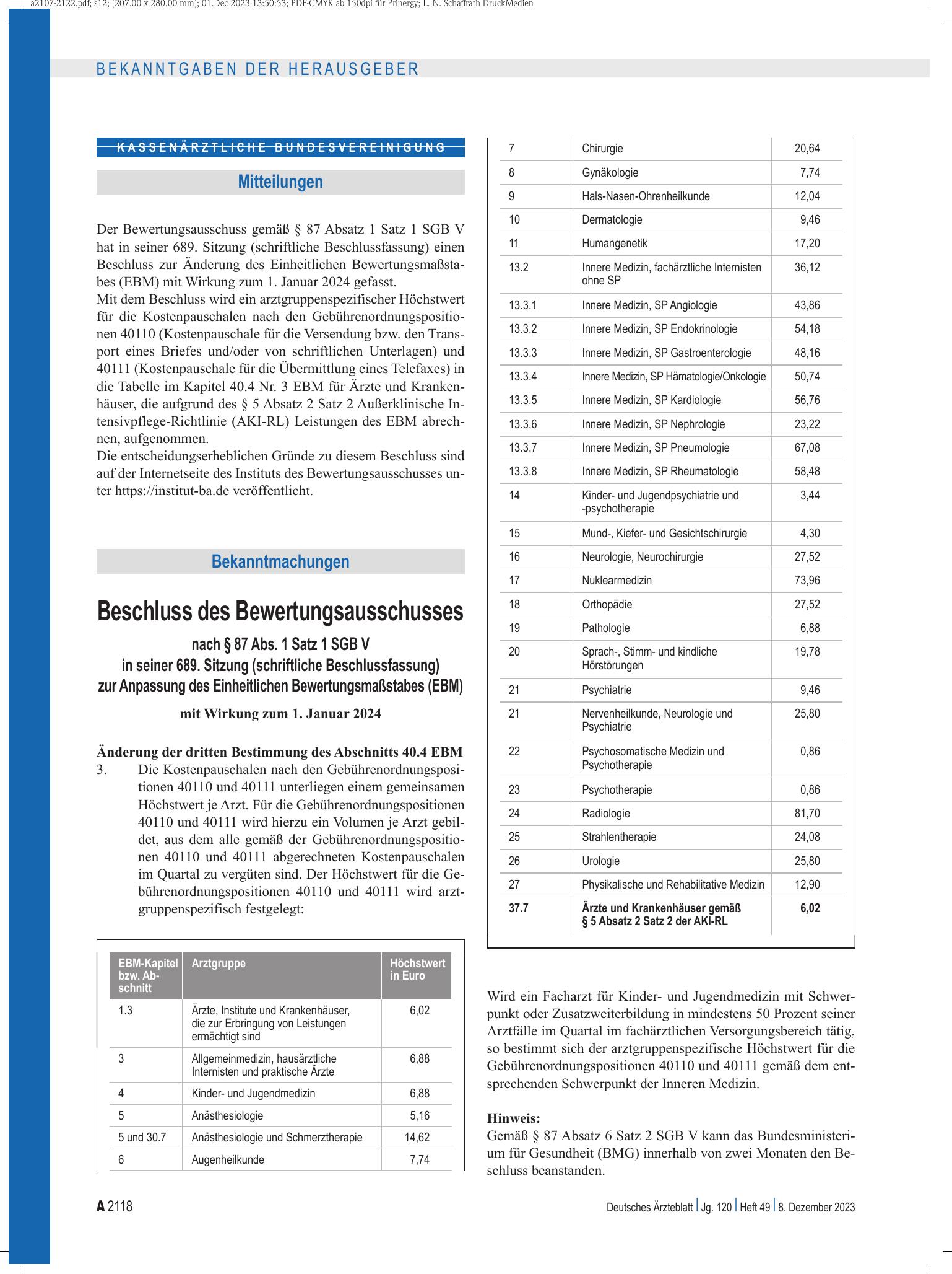 Vorschauseite 1: Beschluss des Bewertungsausschusses nach § 87 Abs. 1 Satz 1 SGB V in seiner 689. Sitzung (schriftliche Beschlussfassung) zur Anpassung des Einheitlichen Bewertungsmaßstabes (EBM)…