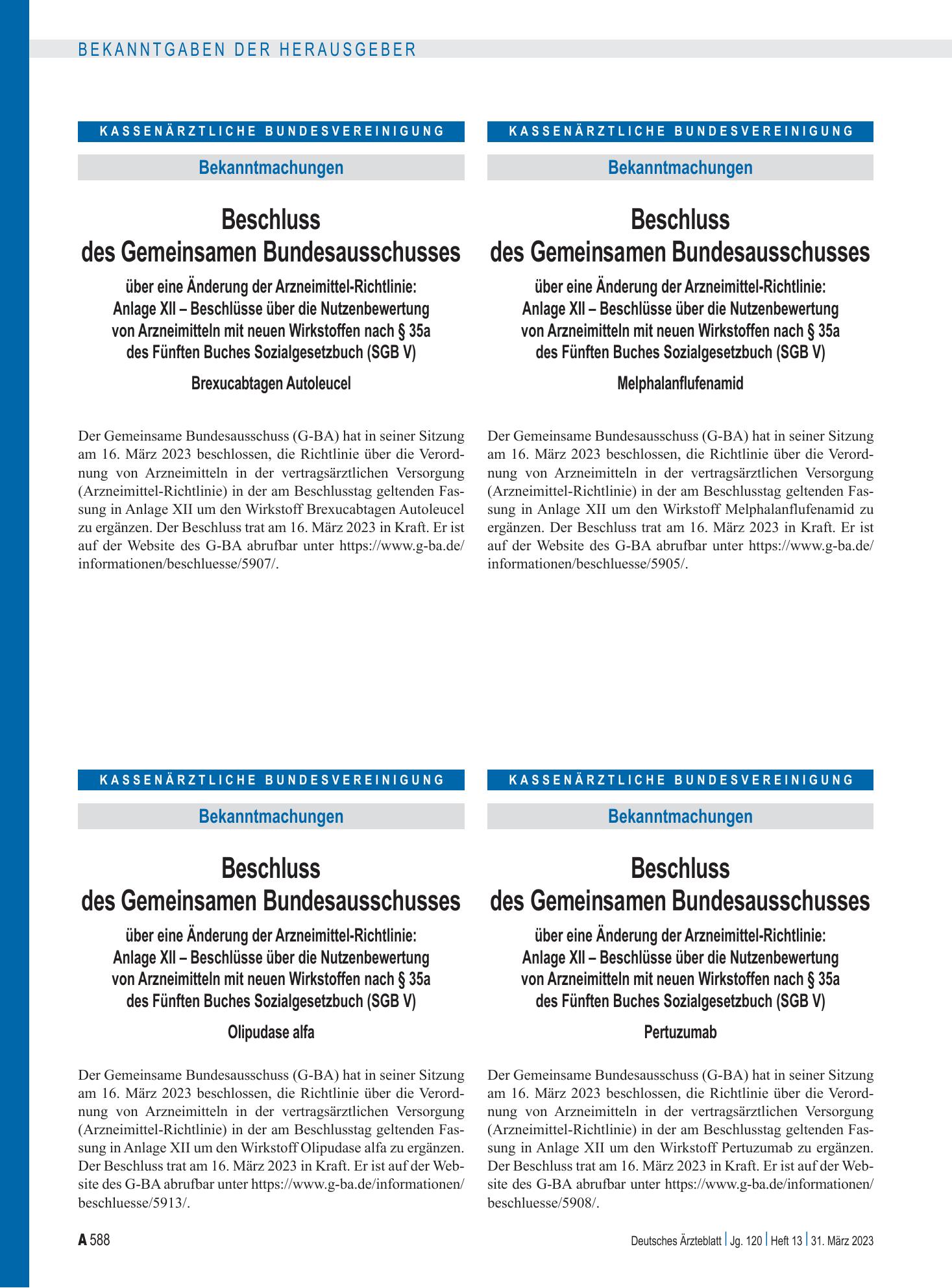 Vorschauseite 1: Beschluss des Gemeinsamen Bundesausschusses über eine Änderung der Arzneimittel-Richtlinie: Brexucabtagen Autoleucel – Deutsches Ärzteblatt