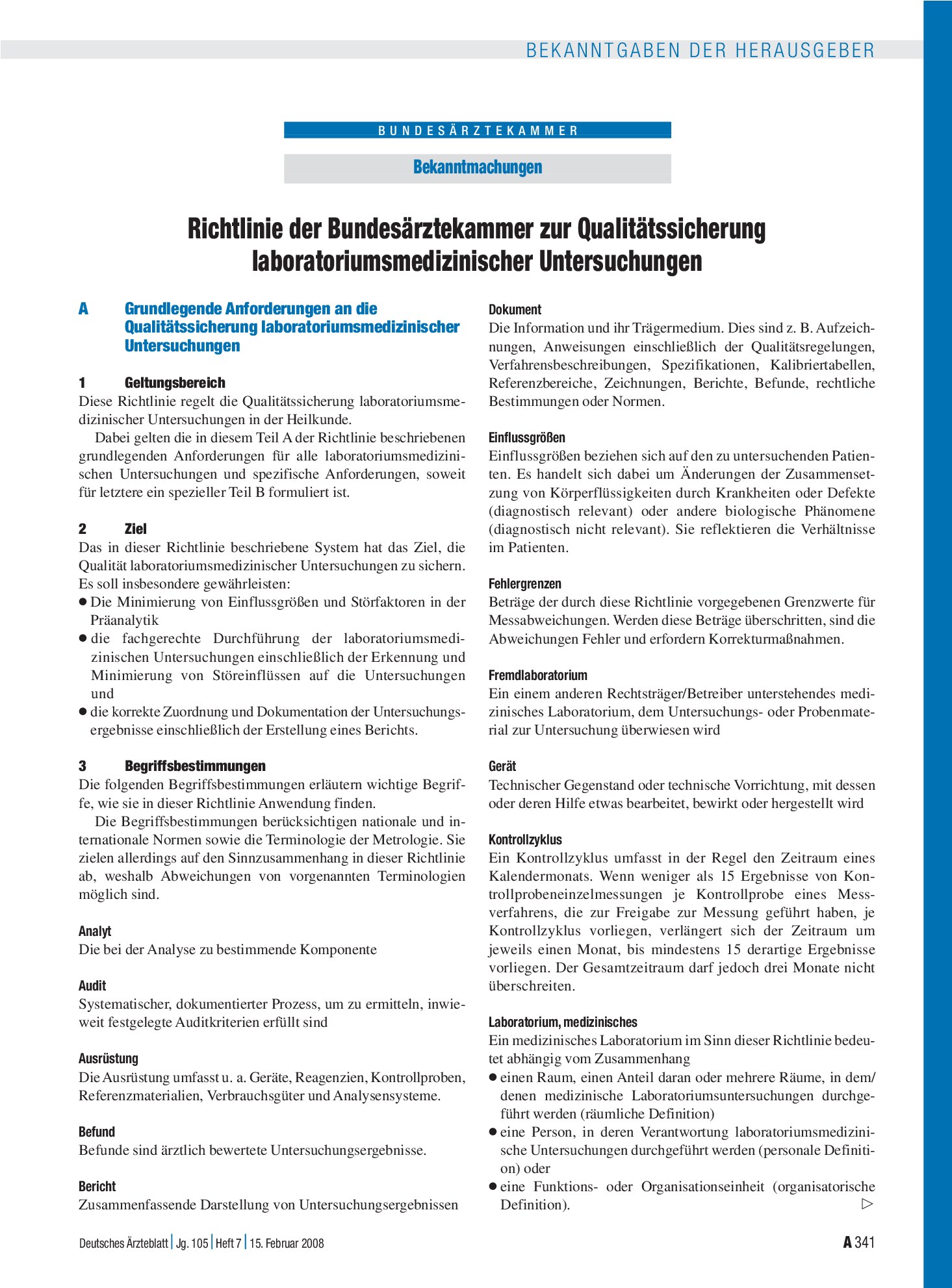 Vorschauseite 1: Bekanntmachungen: Richtlinie der Bundesärztekammer zur Qualitätssicherung laboratoriumsmedizinischer Untersuchungen – Deutsches Ärzteblatt