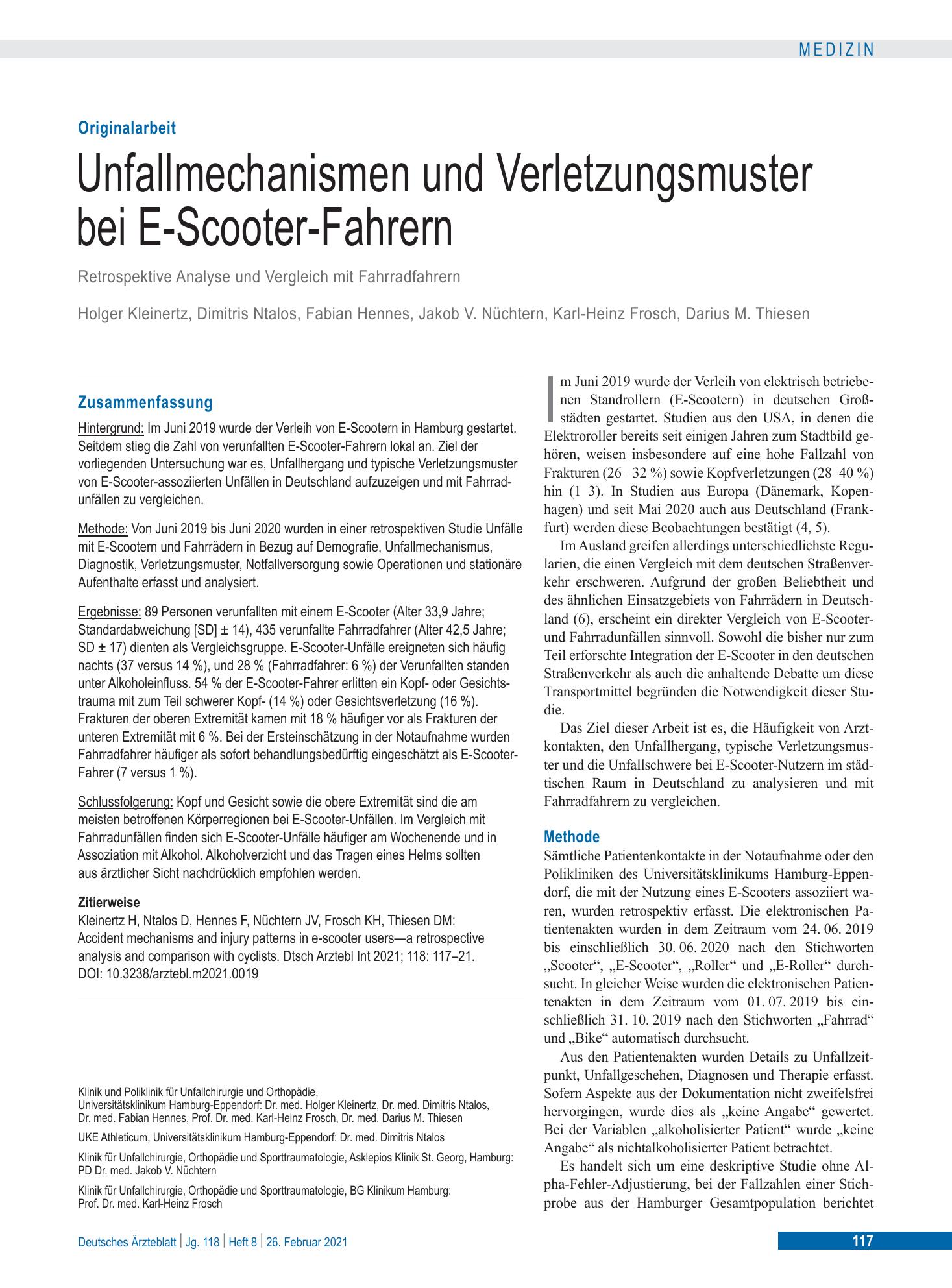 Vorschauseite 1: Unfallmechanismen und Verletzungsmuster bei E-Scooter-Fahrern – Deutsches Ärzteblatt