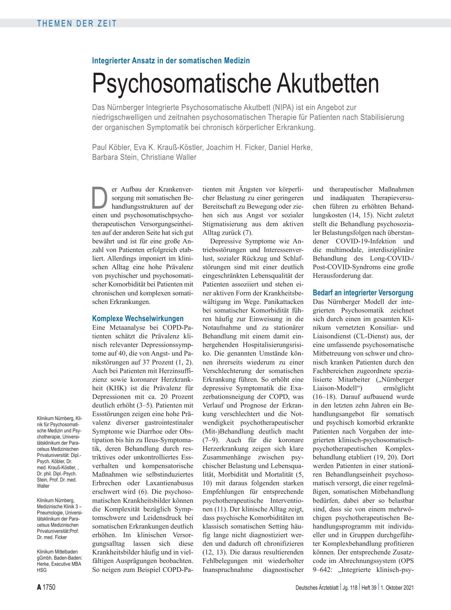 Vorschauseite 1: Integrierter Ansatz in der somatischen Medizin: Psychosomatische Akutbetten – Deutsches Ärzteblatt