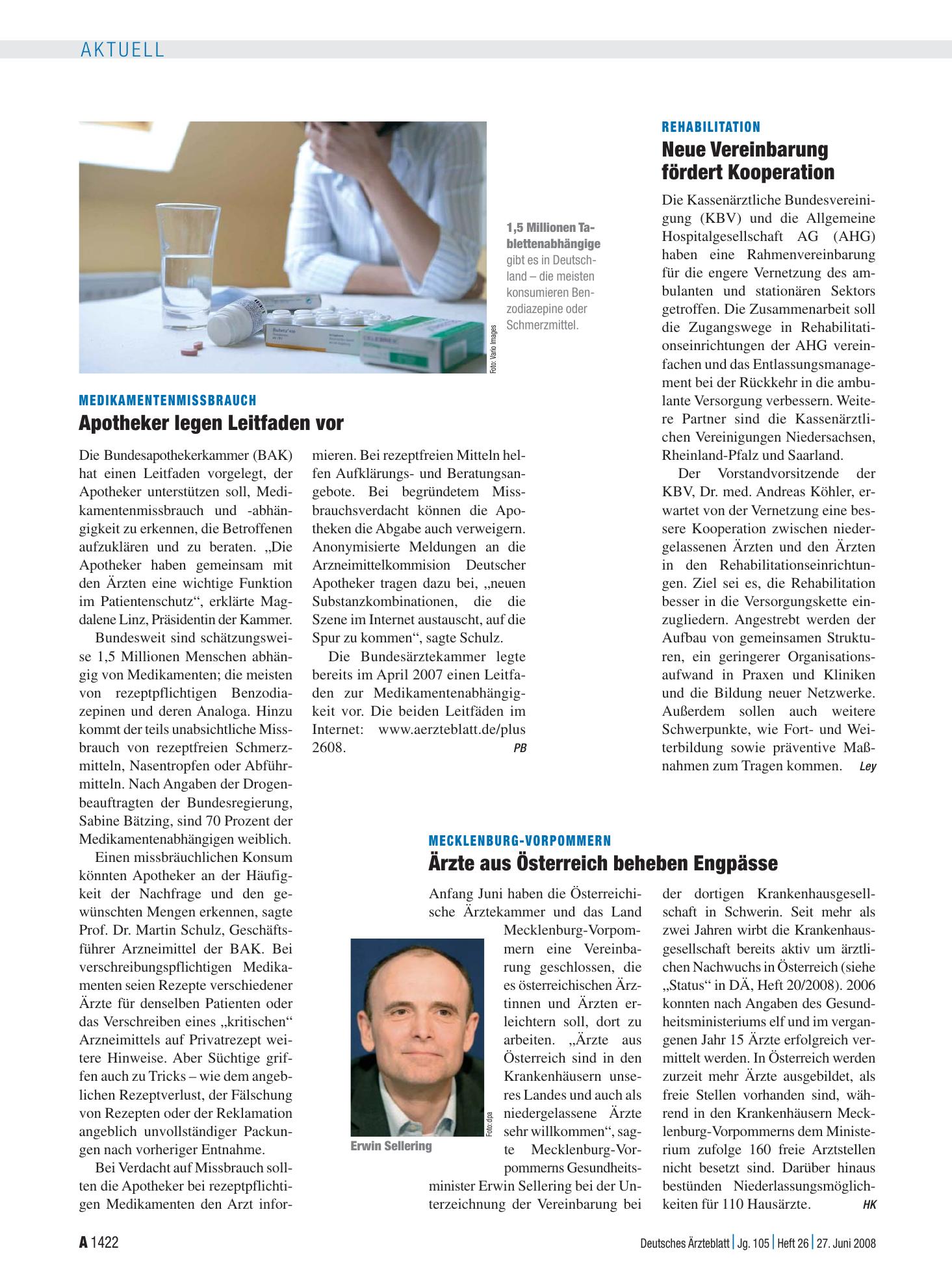 Vorschauseite 1: Medikamentenmissbrauch: Apotheker legen Leitfaden vor – Deutsches Ärzteblatt