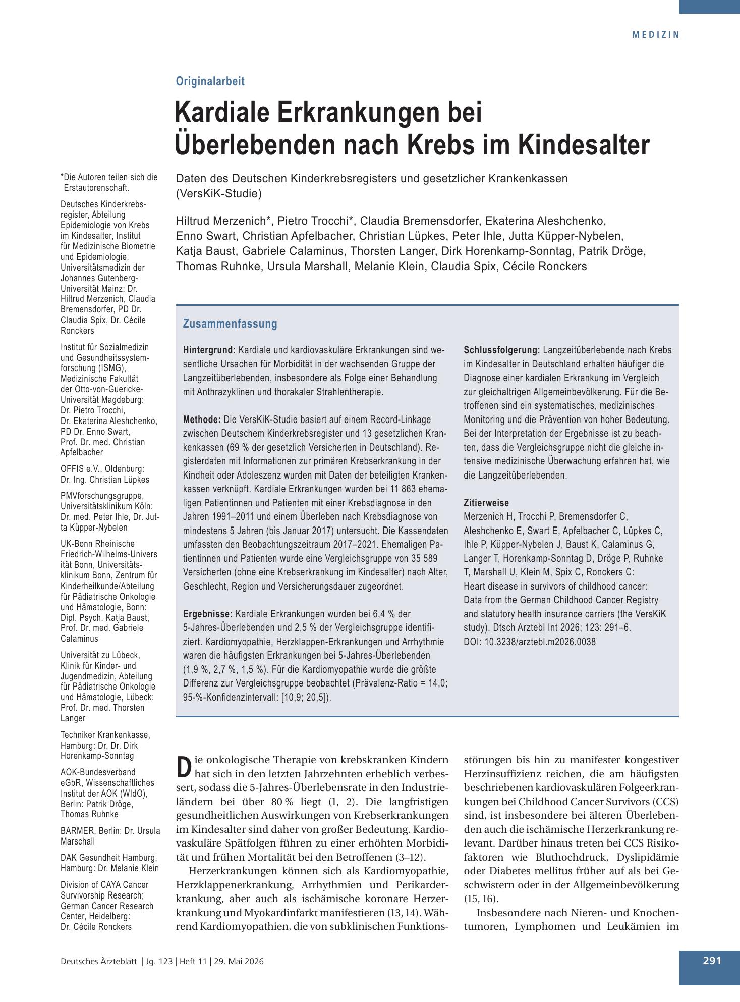 Vorschauseite 1: Kardiale Erkrankungen bei Überlebenden nach Krebs im Kindesalter – Deutsches Ärzteblatt