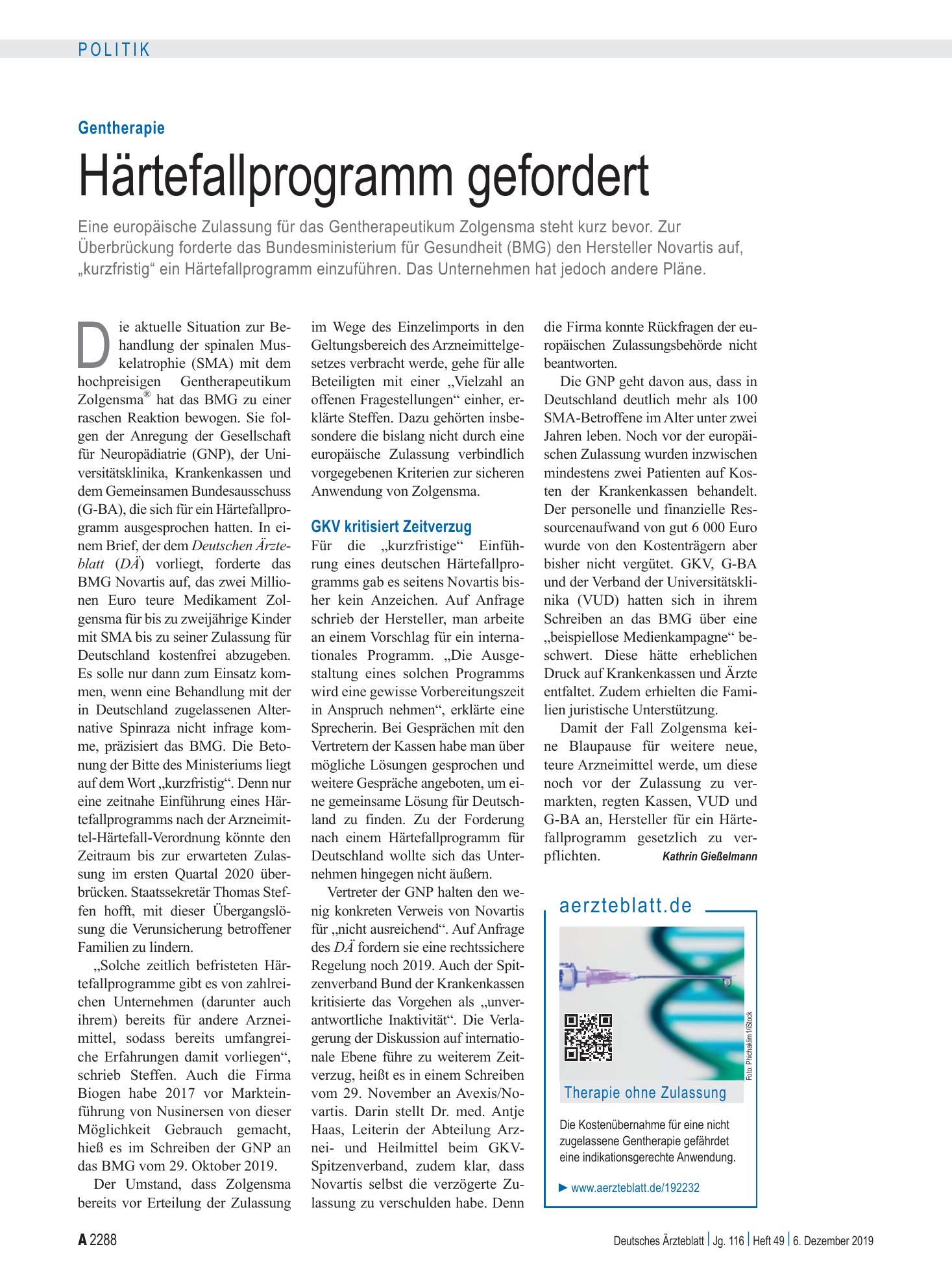 Vorschauseite 1: Gentherapie: Härtefallprogramm gefordert – Deutsches Ärzteblatt