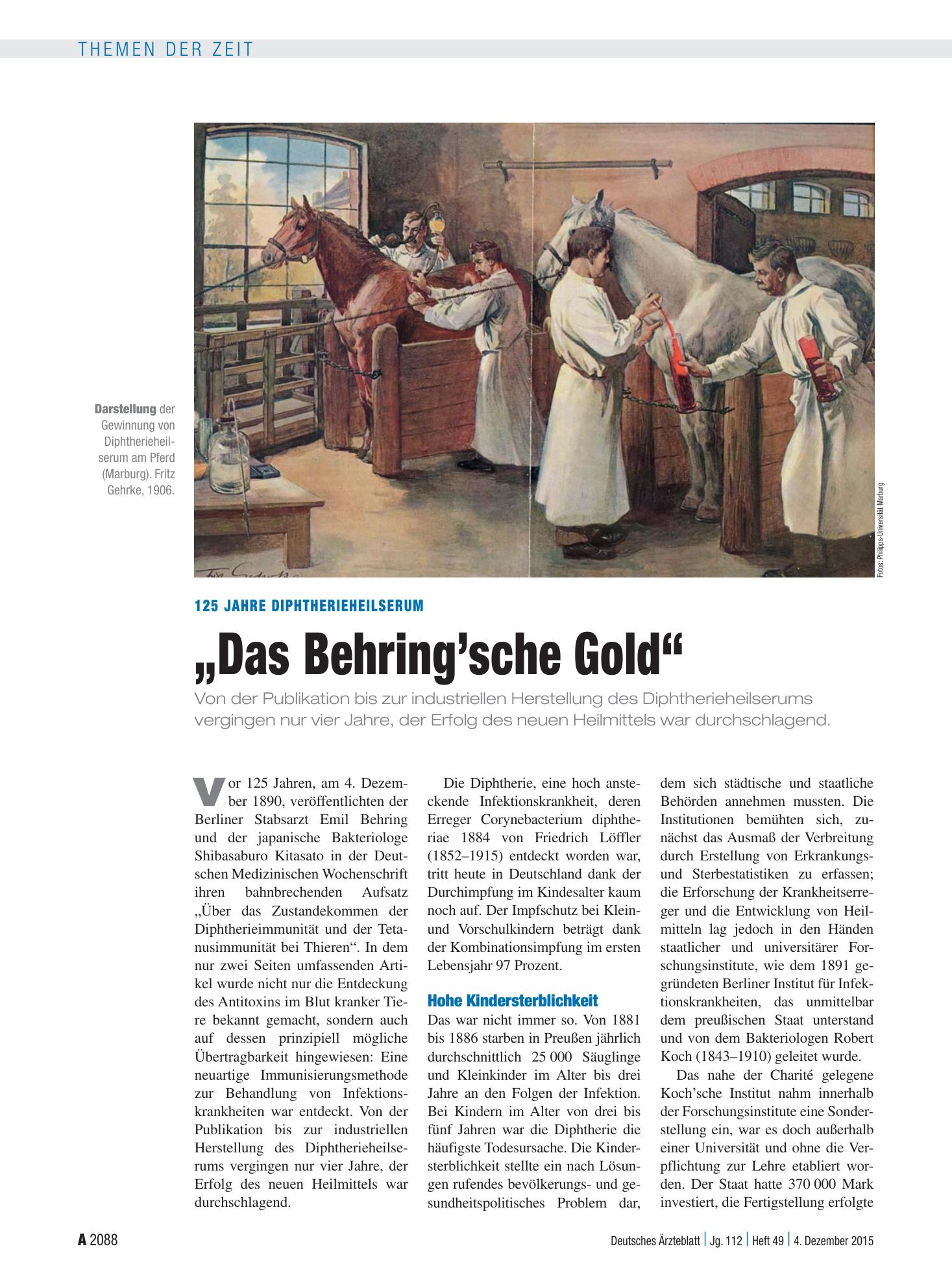 Vorschauseite 1: 125 Jahre Diphtherieheilserum: „Das Behring’sche Gold“ – Deutsches Ärzteblatt