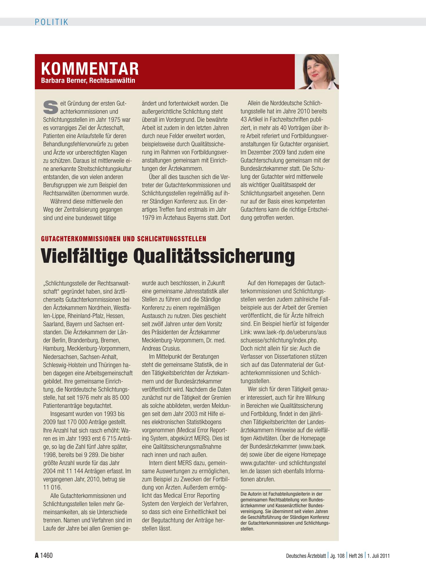 Vorschauseite 1: Gutachterkommissionen und Schlichtungsstellen: Vielfältige Qualitätssicherung – Deutsches Ärzteblatt