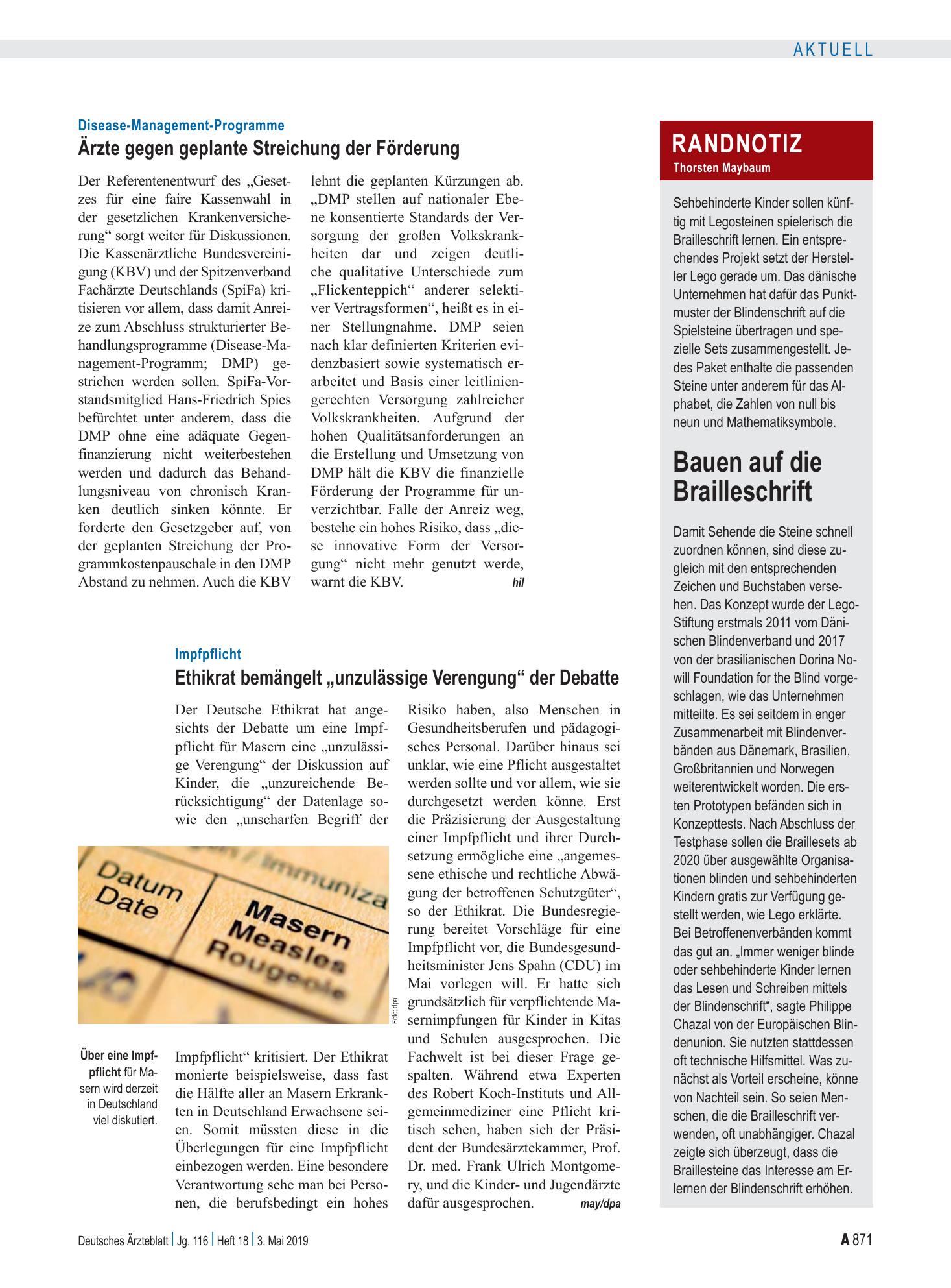 Vorschauseite 1: Randnotiz: Bauen auf die Brailleschrift – Deutsches Ärzteblatt