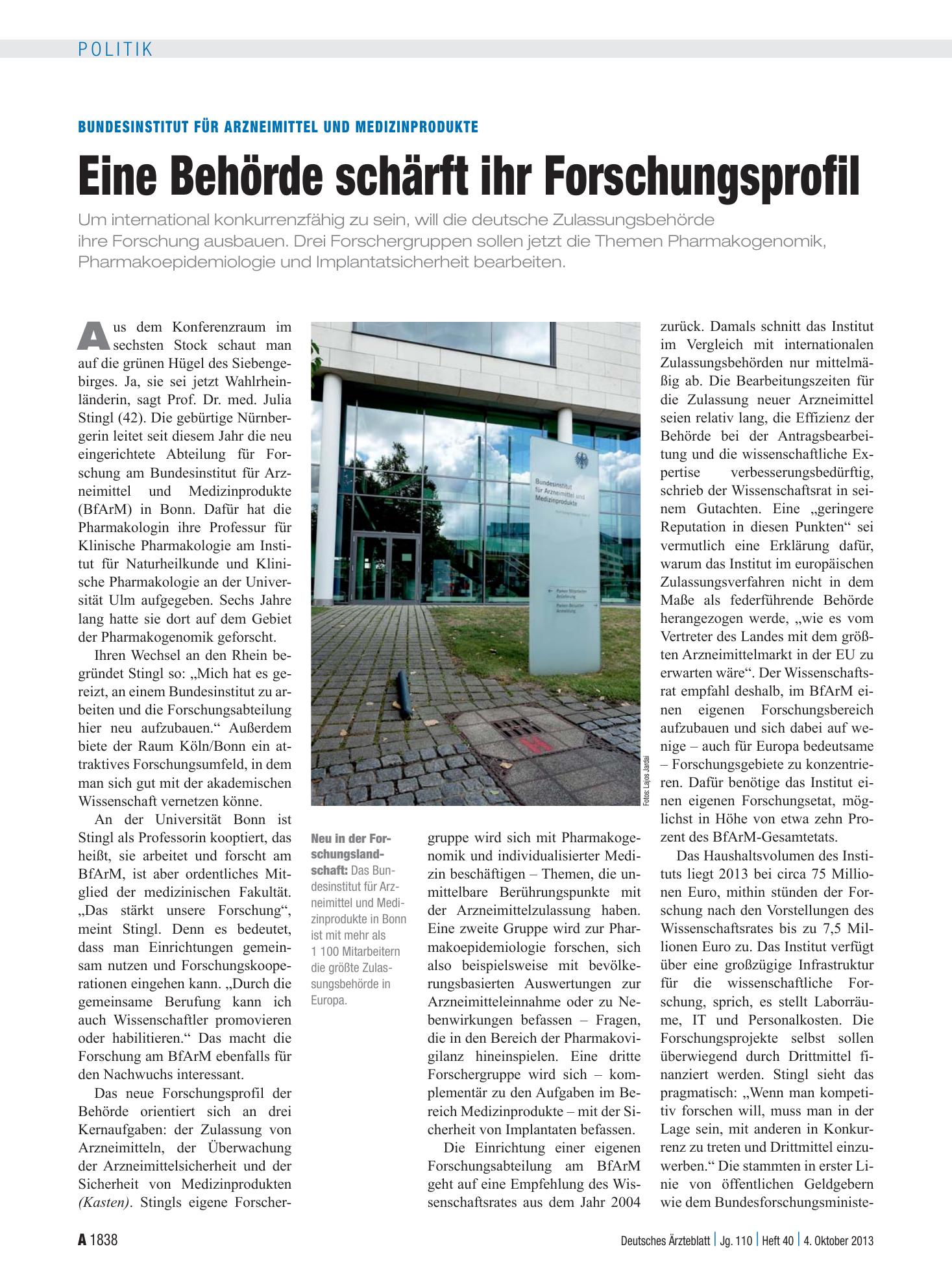Vorschauseite 1: Bundesinstitut für Arzneimittel und Medizinprodukte: Eine Behörde schärft ihr Forschungsprofil – Deutsches Ärzteblatt