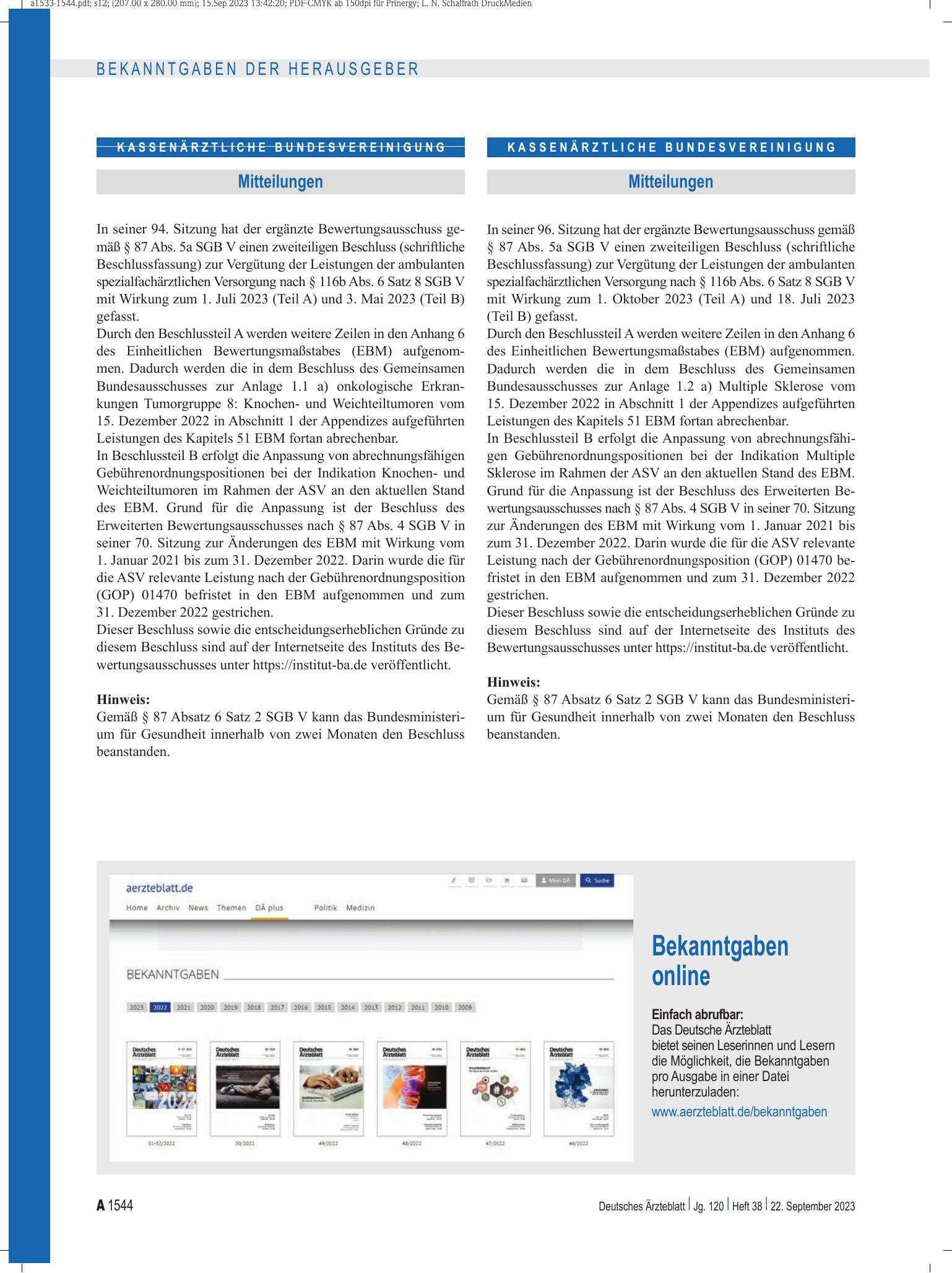 Vorschauseite 1: Mitteilungen – Deutsches Ärzteblatt