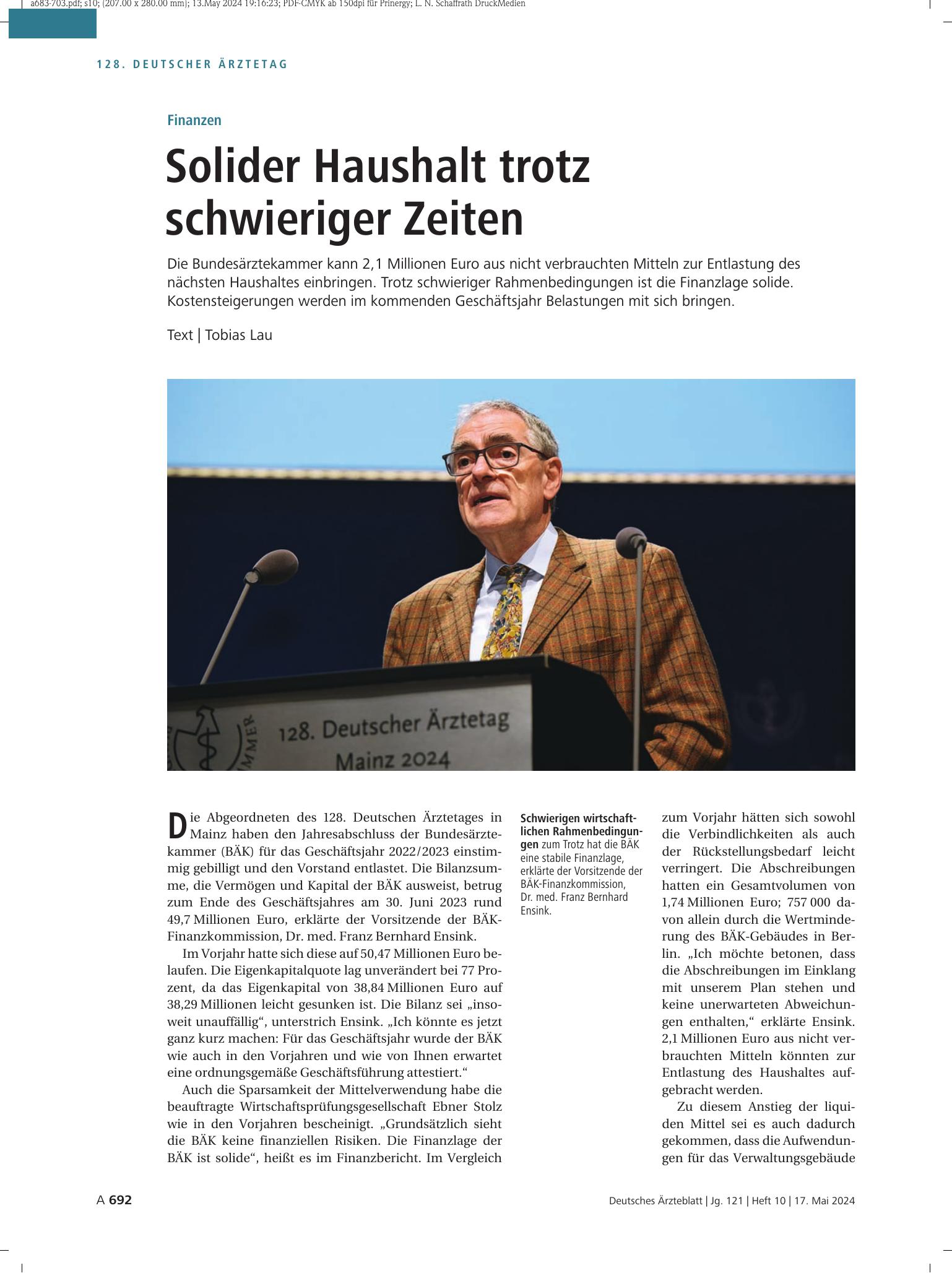 Vorschauseite 1: Finanzen: Solider Haushalt trotz schwieriger Zeiten – Deutsches Ärzteblatt