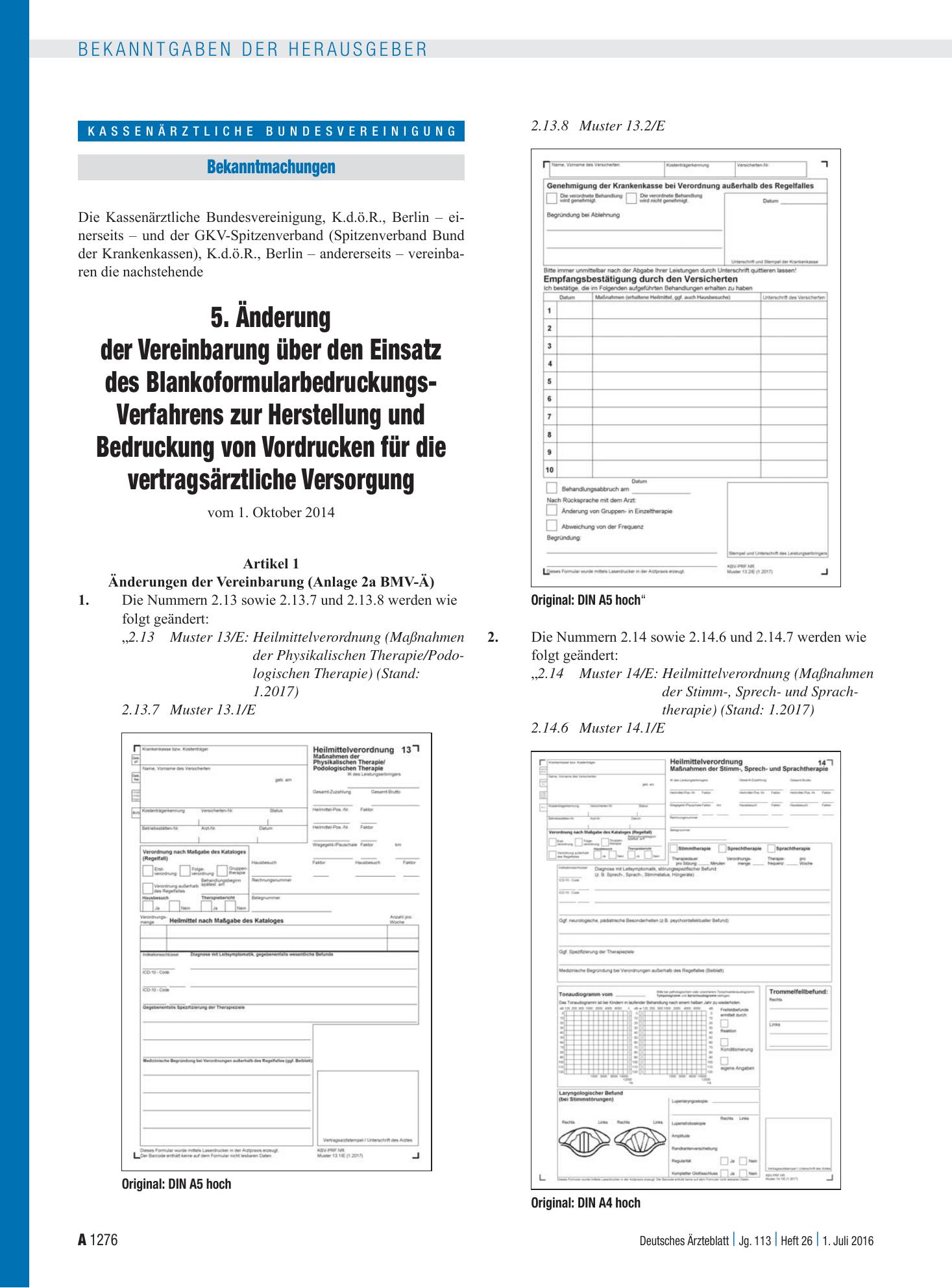 Vorschauseite 1: 5. Änderung der Vereinbarung über den Einsatz des Blankoformularbedruckungs-Verfahrens zur Herstellung und Bedruckung von Vordrucken für die vertragsärztliche Versorgung – Deutsch…
