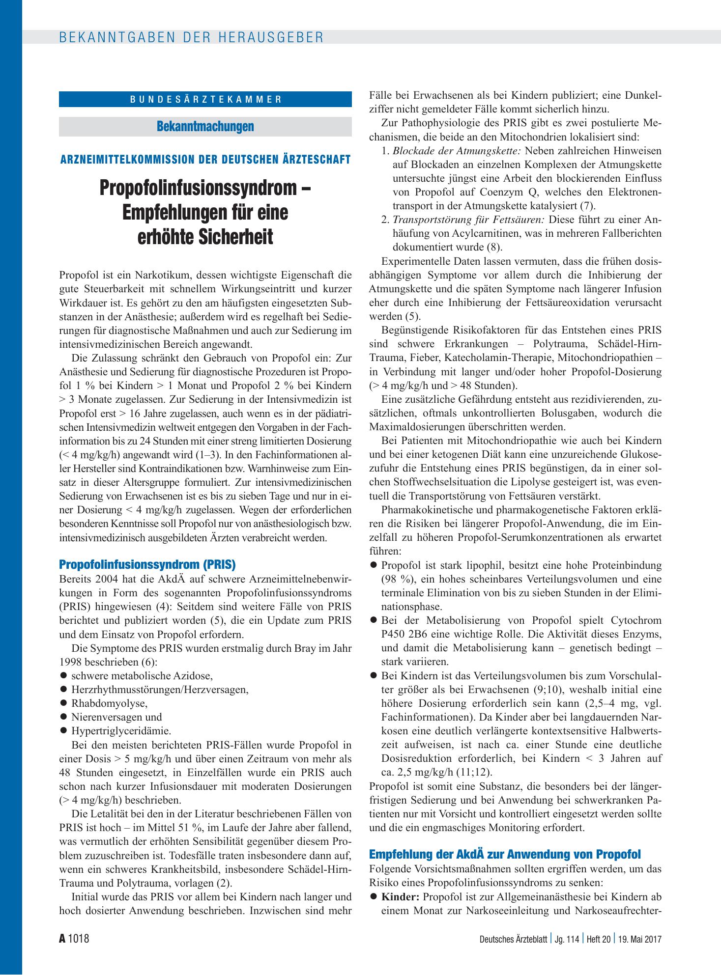 Vorschauseite 1: Arzneimittelkommission der Deutschen Ärzteschaft: Propofolinfusionssyndrom – Empfehlungen für eine erhöhte Sicherheit – Deutsches Ärzteblatt
