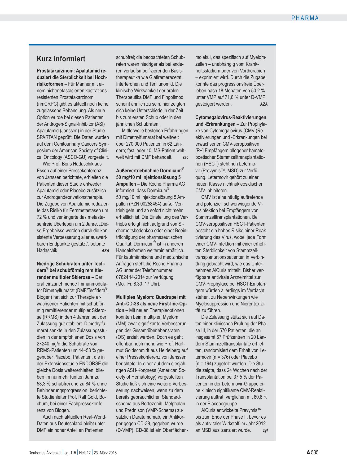 Vorschauseite 1: Kurz informiert – Deutsches Ärzteblatt