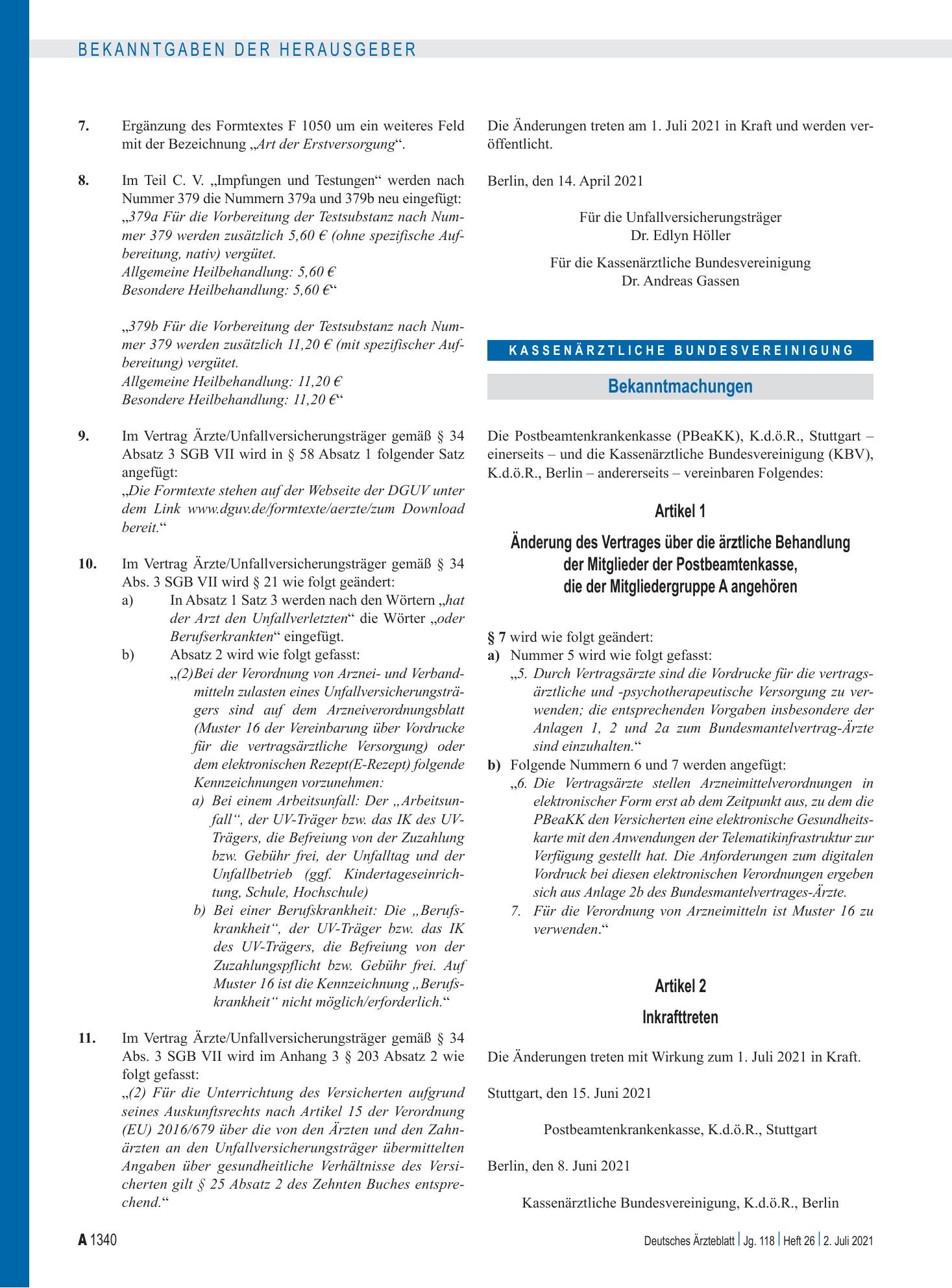 Vorschauseite 1: Änderung des Vertrages über die ärztliche Behandlung der Mitglieder der Postbeamtenkasse, die der Mitgliedergruppe A angehören – Deutsches Ärzteblatt