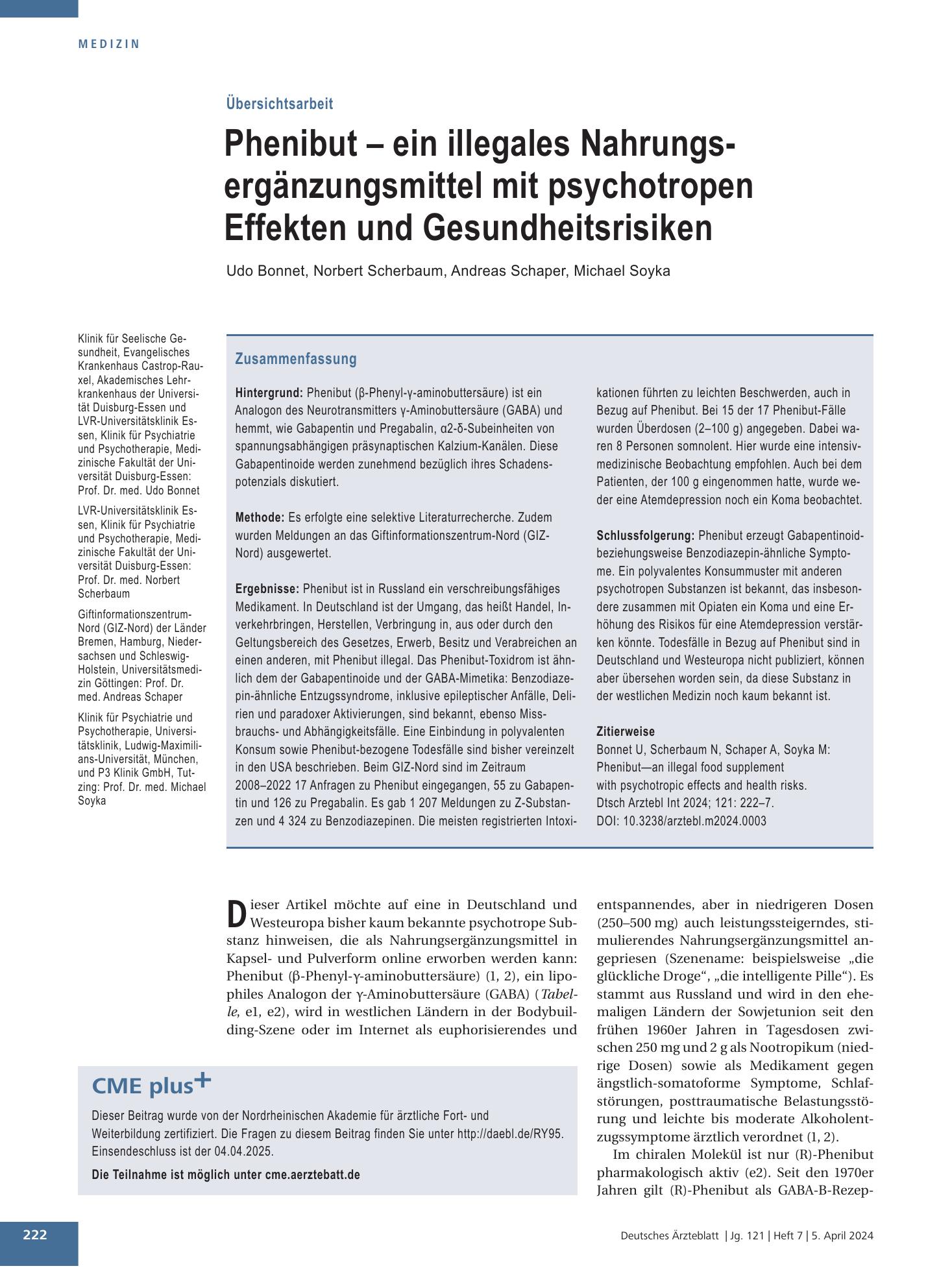 Vorschauseite 1: Phenibut – ein illegales Nahrungsergänzungsmittel mit psychotropen Effekten und Gesundheitsrisiken – Deutsches Ärzteblatt