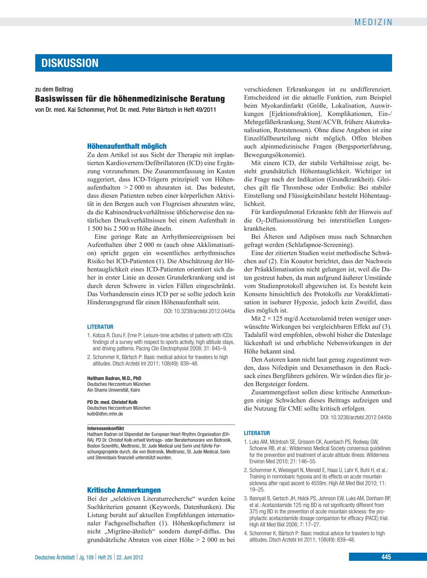 Vorschauseite 1: Höhenaufenthalt möglich – Deutsches Ärzteblatt