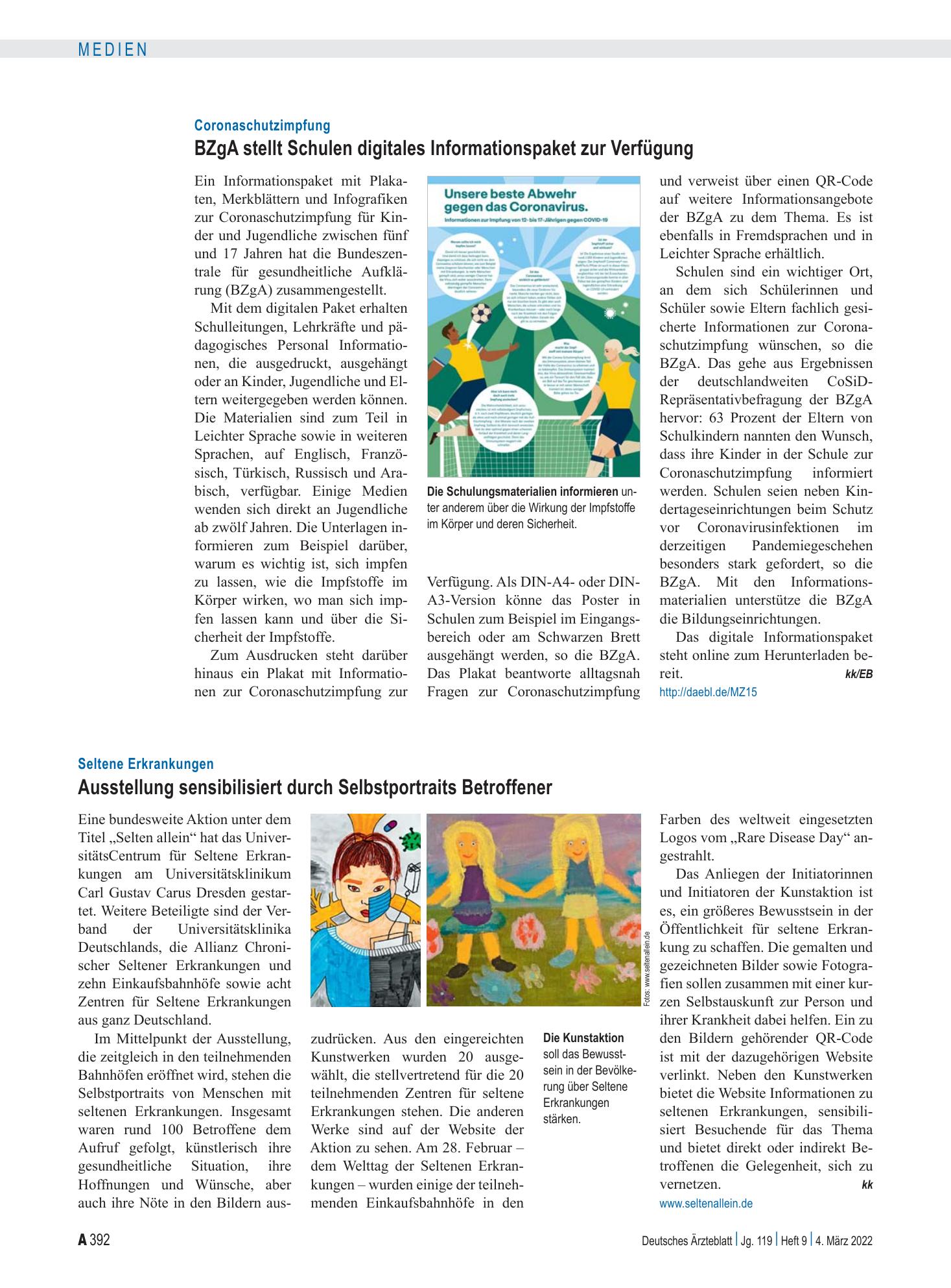 Vorschauseite 1: Coronaschutzimpfung: BZgA stellt Schulen digitales Informationspaket zur Verfügung – Deutsches Ärzteblatt