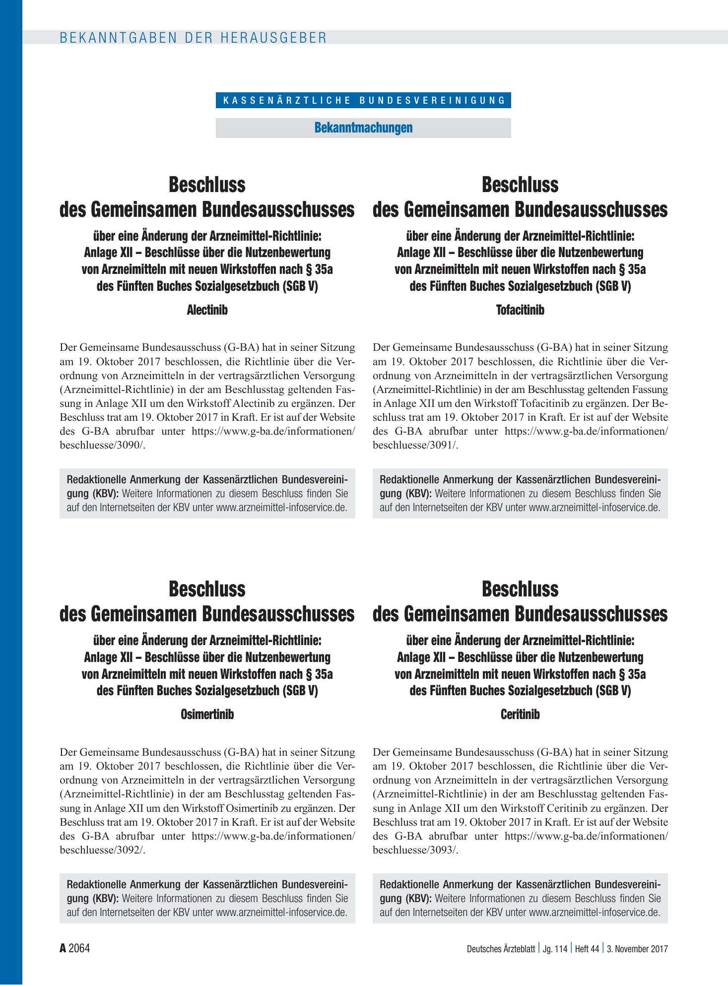 Vorschauseite 1: Beschluss des Gemeinsamen Bundesausschusses über eine Änderung der Arzneimittel-Richtlinie: Anlage XII – Ceritinib – Deutsches Ärzteblatt