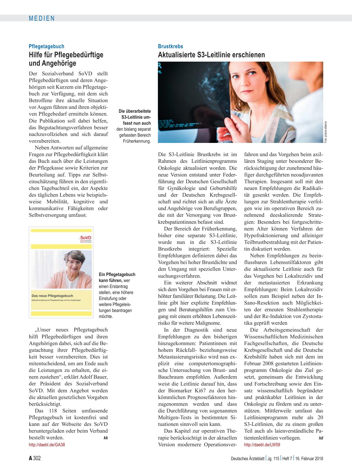 Vorschauseite 1: Brustkrebs: Aktualisierte S3-Leitlinie erschienen – Deutsches Ärzteblatt