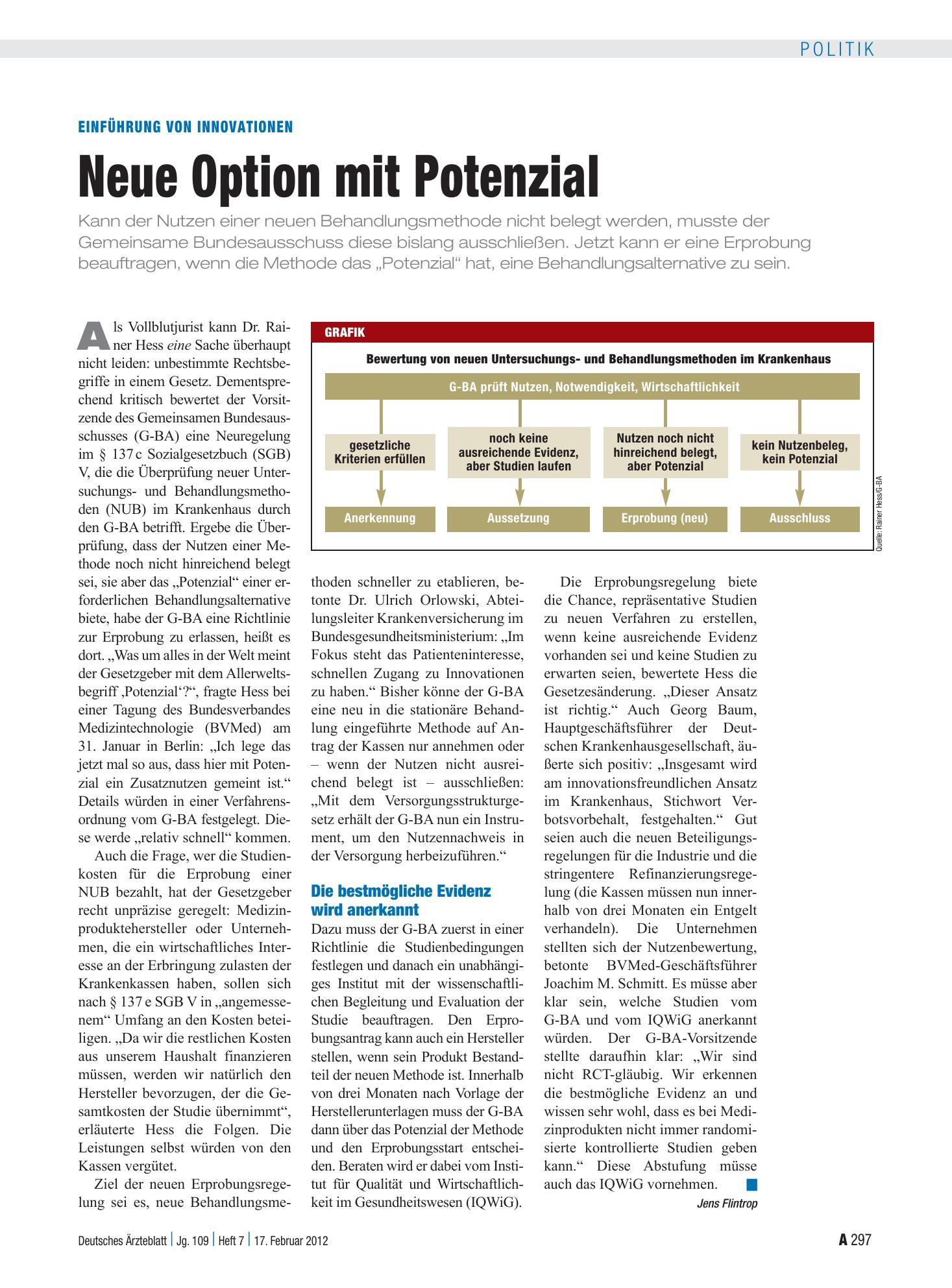 Vorschauseite 1: Einführung von Innovationen: Neue Option mit Potenzial – Deutsches Ärzteblatt