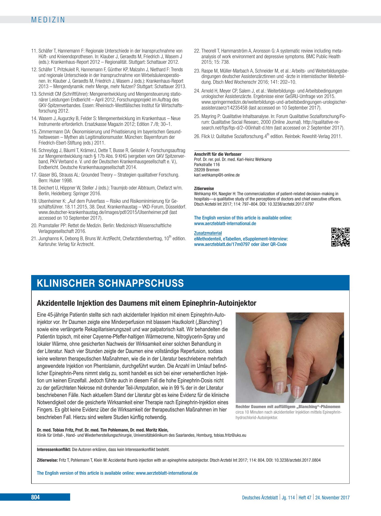 Vorschauseite 1: Akzidentelle Injektion des Daumens mit einem Epinephrin-Autoinjektor – Deutsches Ärzteblatt