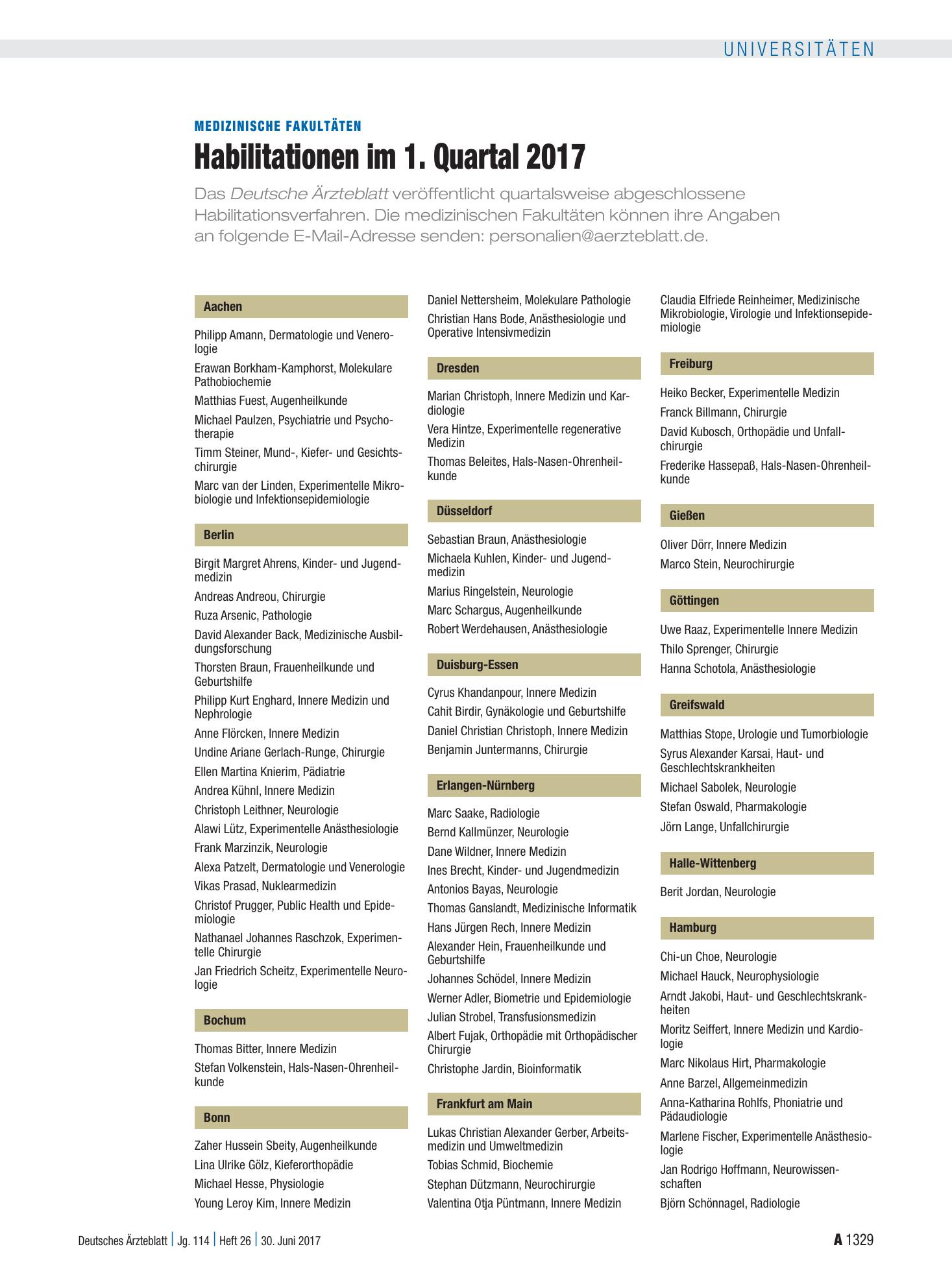 Vorschauseite 1: Medizinische Fakultäten: Habilitationen im 1. Quartal 2017 – Deutsches Ärzteblatt