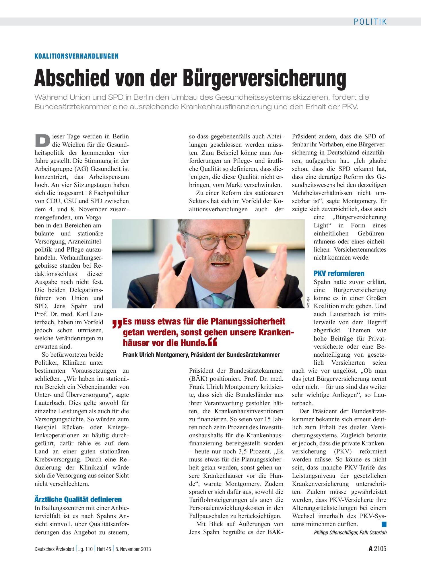 Vorschauseite 1: Koalitionsverhandlungen: Abschied von der Bürgerversicherung – Deutsches Ärzteblatt