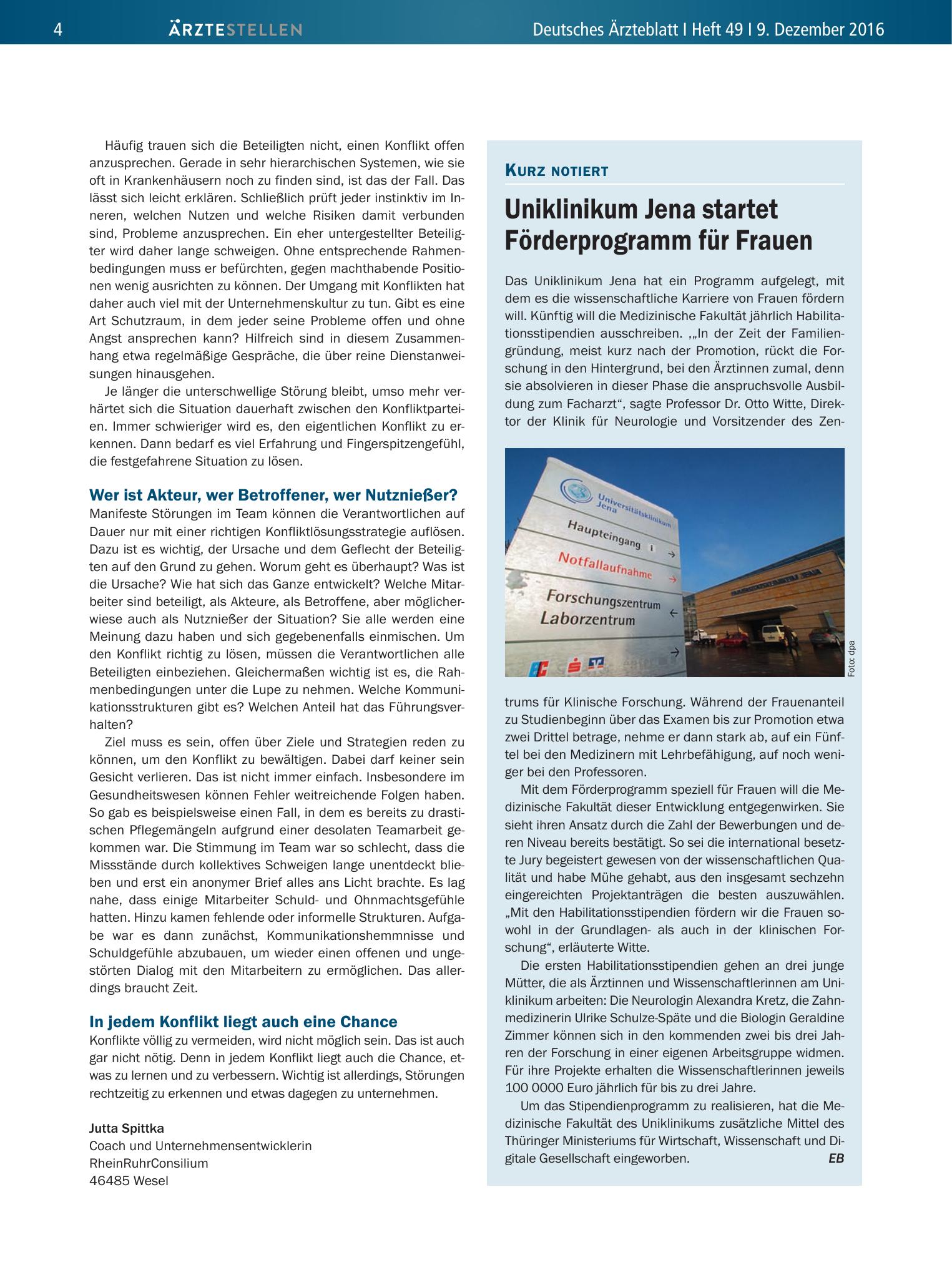 Vorschauseite 1: Uniklinikum Jena startet Förderprogramm für Frauen – Deutsches Ärzteblatt