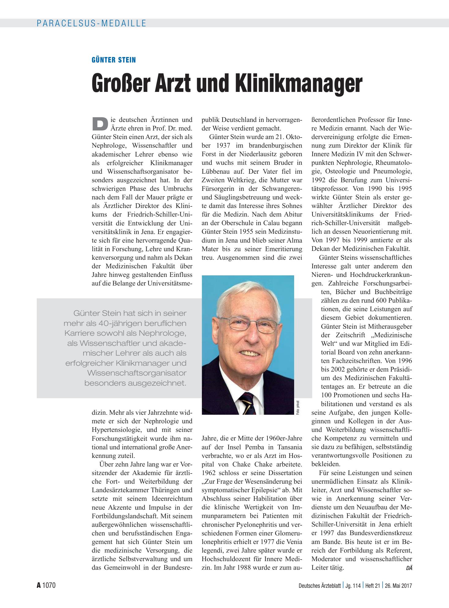 Vorschauseite 1: Günter Stein: Großer Arzt und Klinikmanager – Deutsches Ärzteblatt